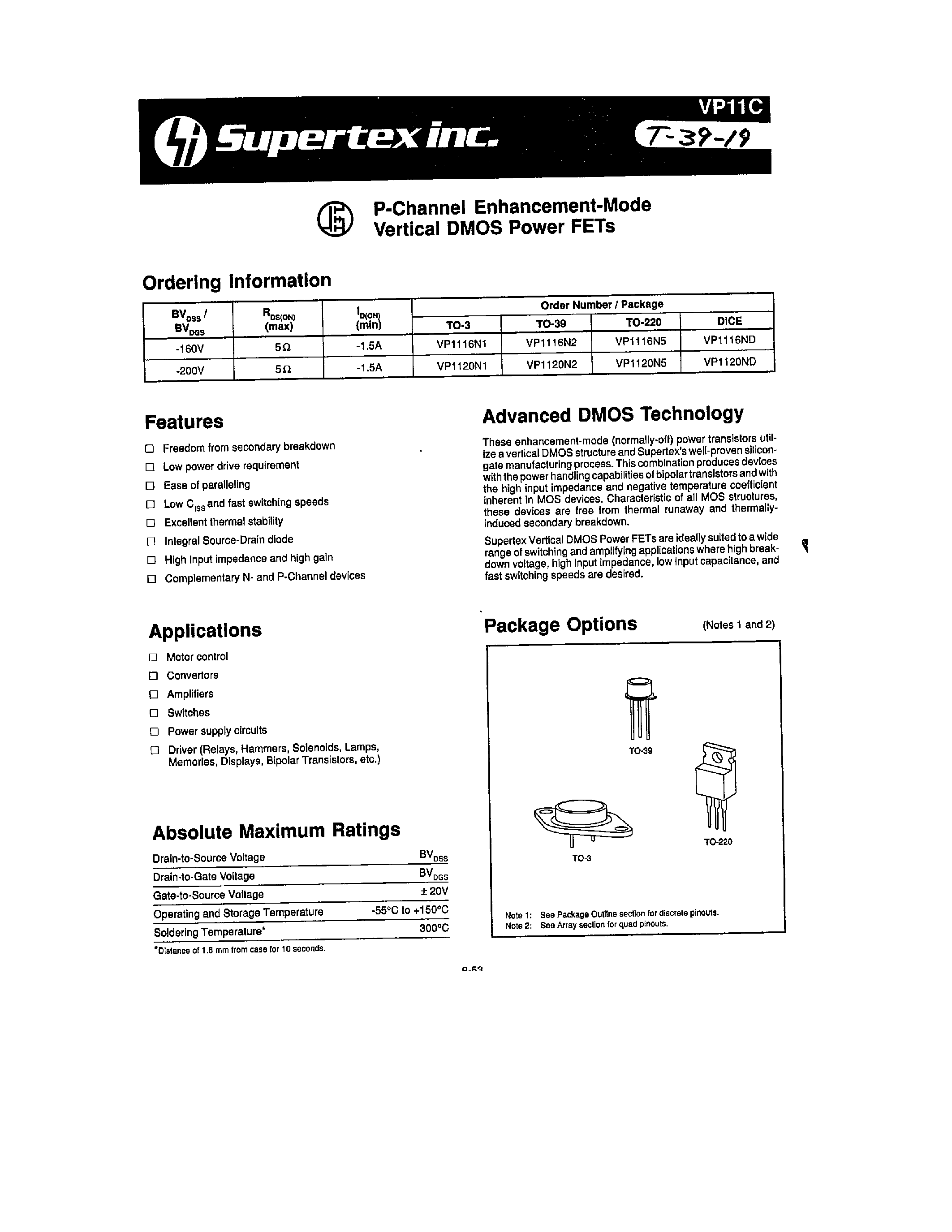 Datasheet VP11C - P-Channel Enhancement-Mode Vertical DMOS Power FETs page 1