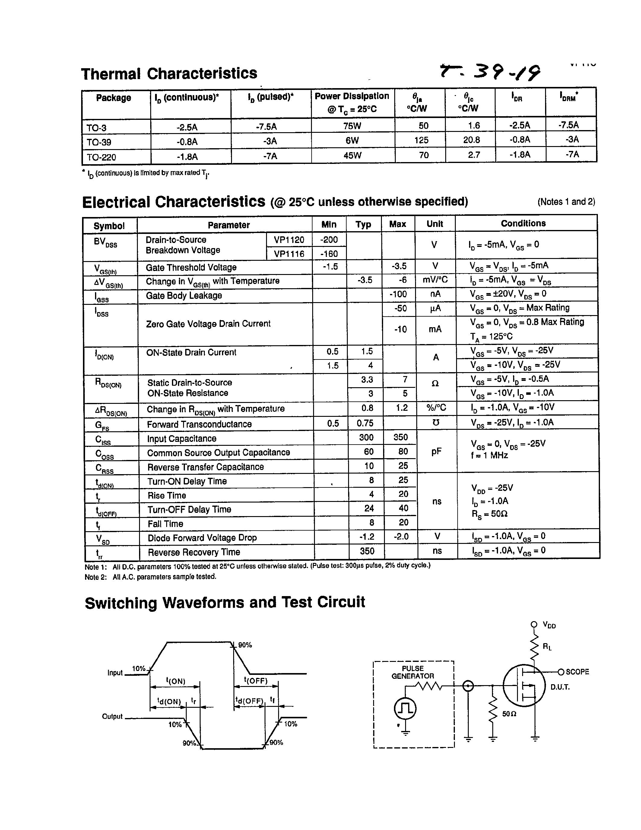 Datasheet VP11C - P-Channel Enhancement-Mode Vertical DMOS Power FETs page 2