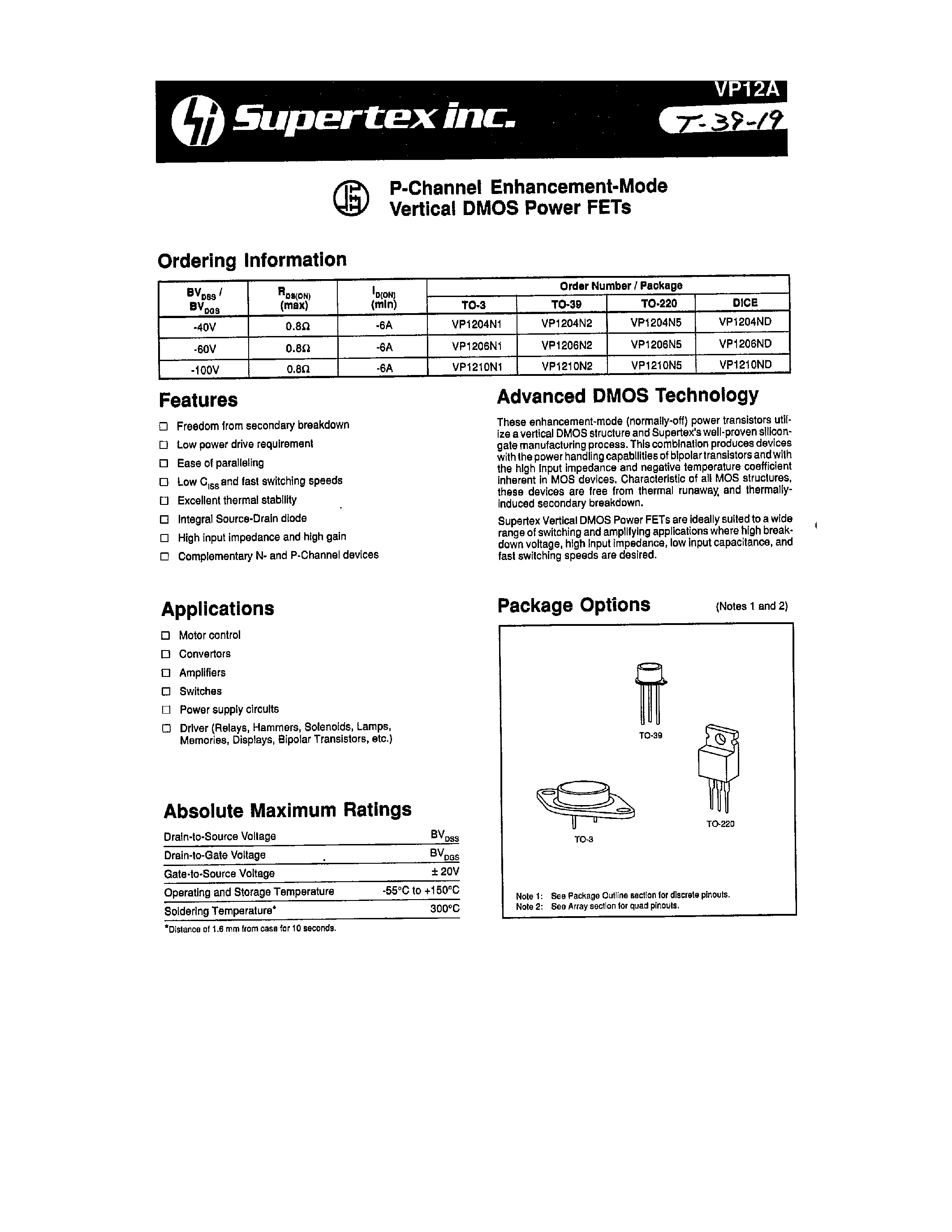 Datasheet VP12 - P-Channel Enhancement-Mode Vertical DMOS Power FETs page 1