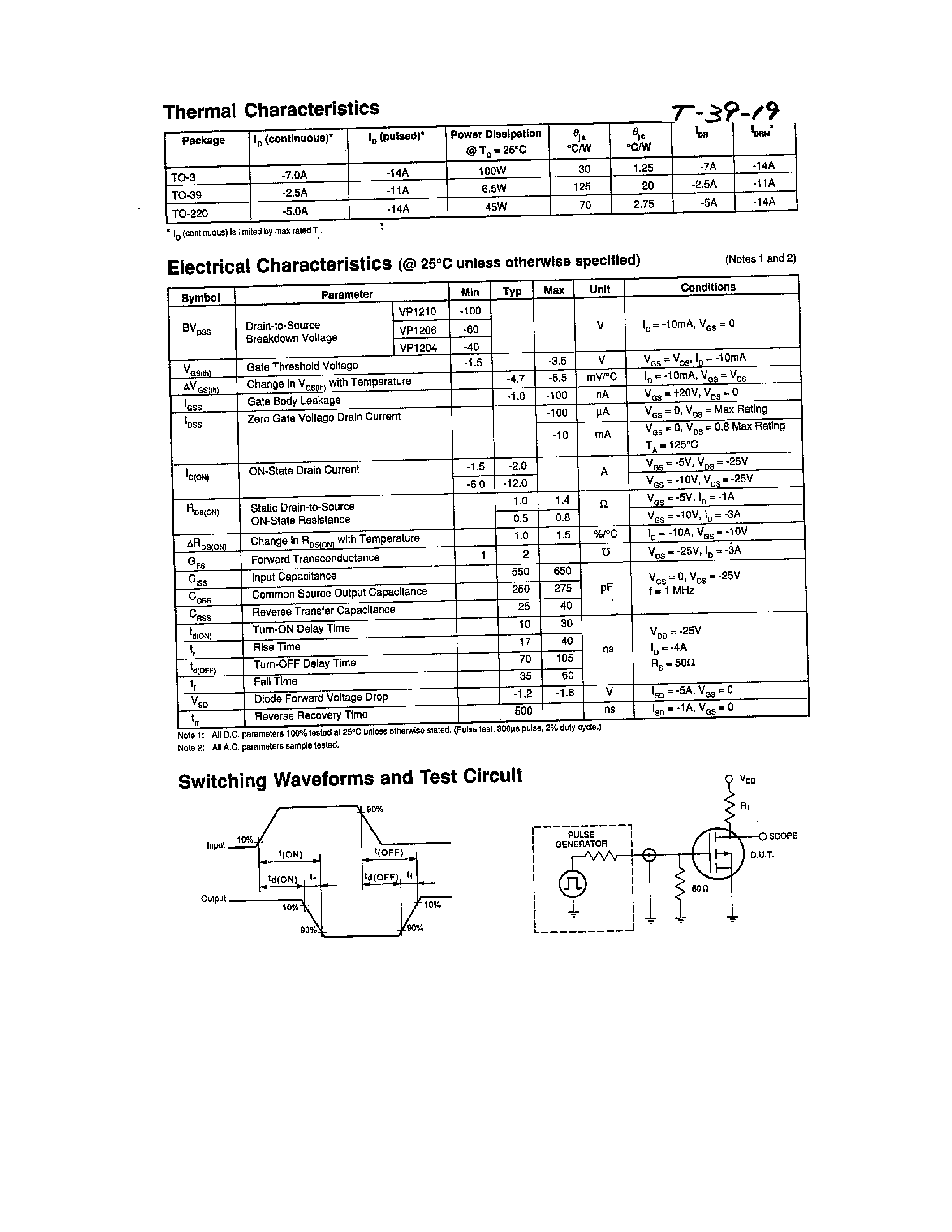 Datasheet VP12 - P-Channel Enhancement-Mode Vertical DMOS Power FETs page 2