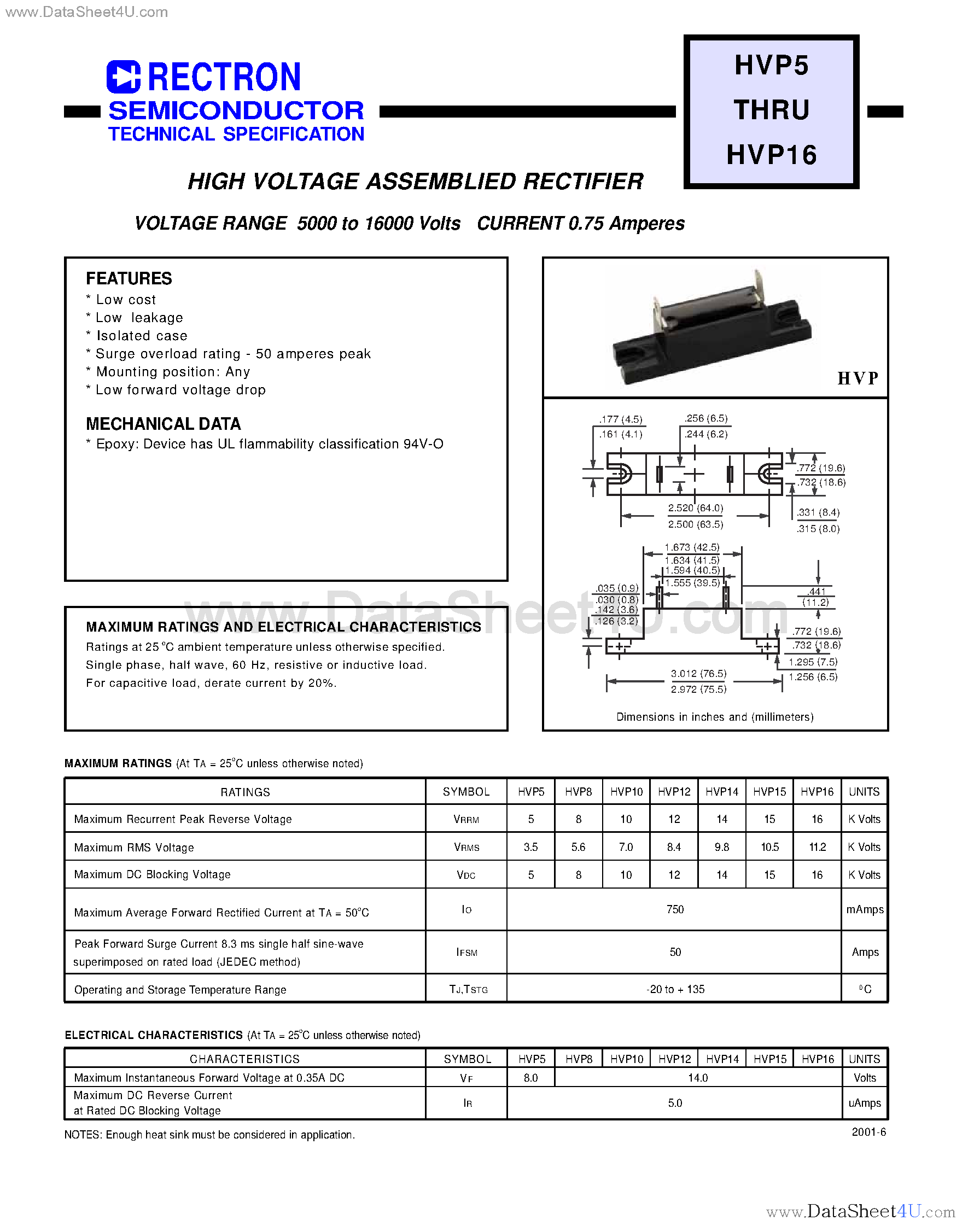 Datasheet VP12 page 1 Datasheet VP12 - HIGH VOLTAGE ASSEMBLIED RECTIFIER (VOLTAGE RANGE 5000 to 16000 Volts CURRENT 0.75 Amperes) page 1