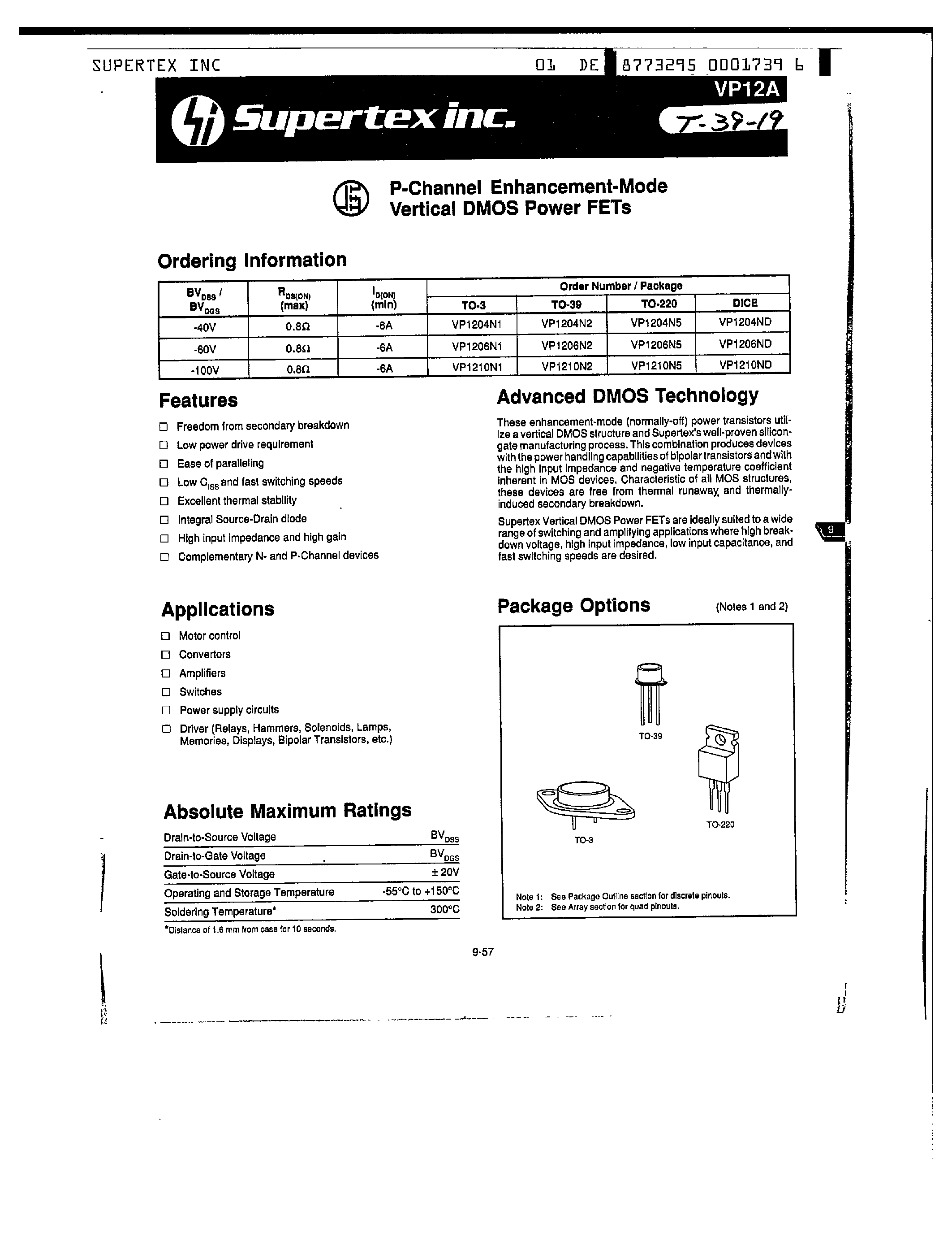 Datasheet VP1220N1 - P-Channel Enhancement-Mode Vertical DMOS Power FETs page 1