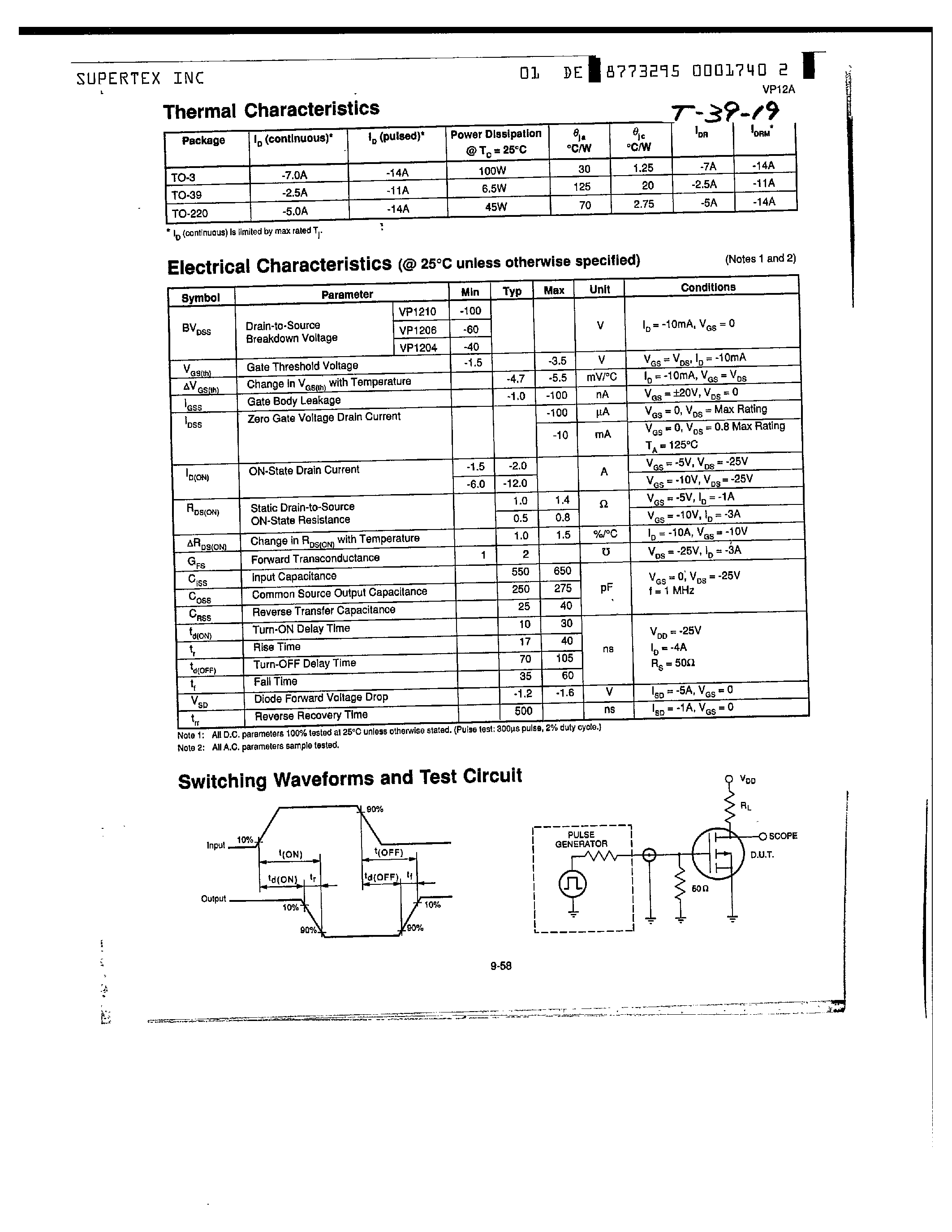 Datasheet VP1220N2 - P-Channel Enhancement-Mode Vertical DMOS Power FETs page 2
