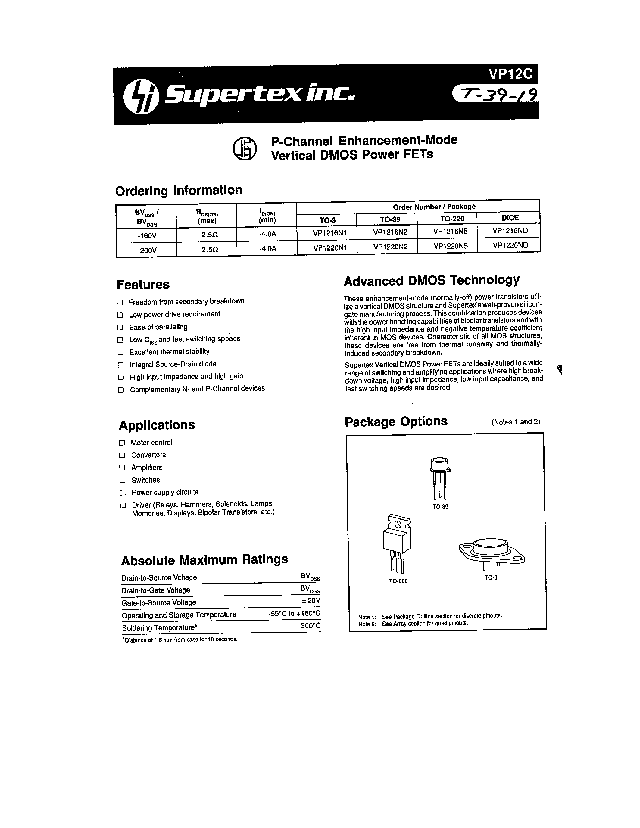 Datasheet VP12C - P-Channel Enhancement-Mode Vertical DMOS Power FETs page 1