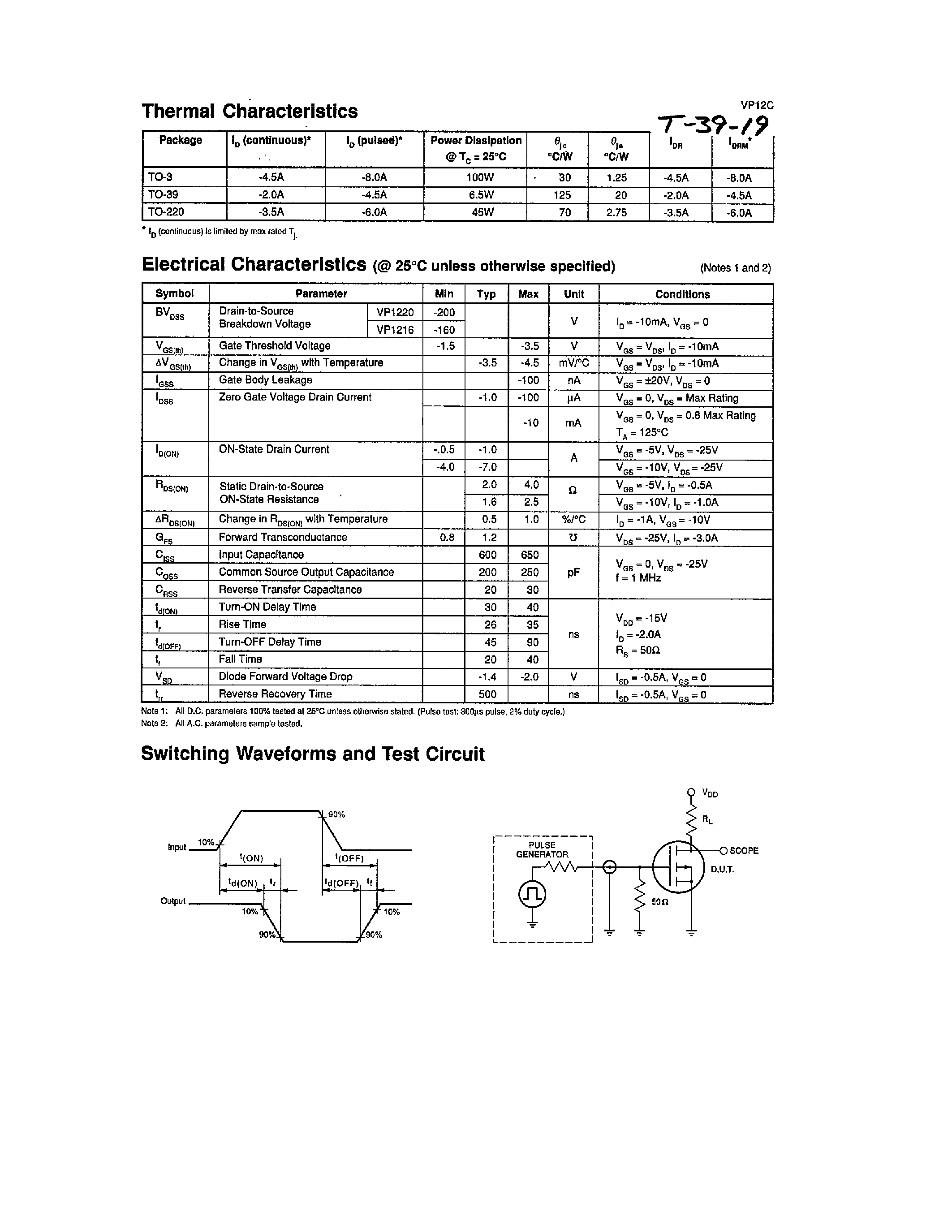 Datasheet VP12C - P-Channel Enhancement-Mode Vertical DMOS Power FETs page 2