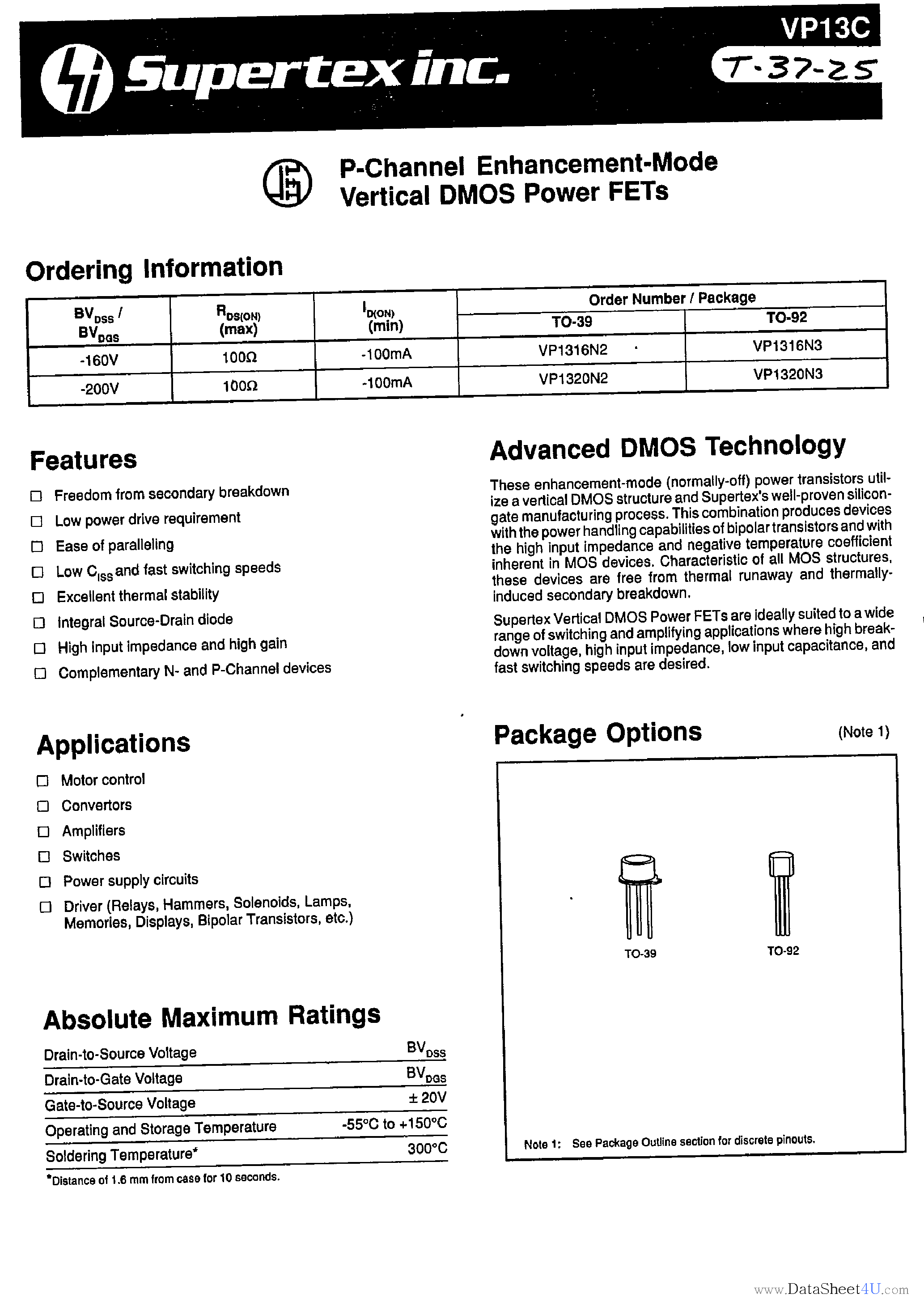 Datasheet VP1316N2 - P-Channel Enhancement-Mode Vertical DMOS Power FETs page 1