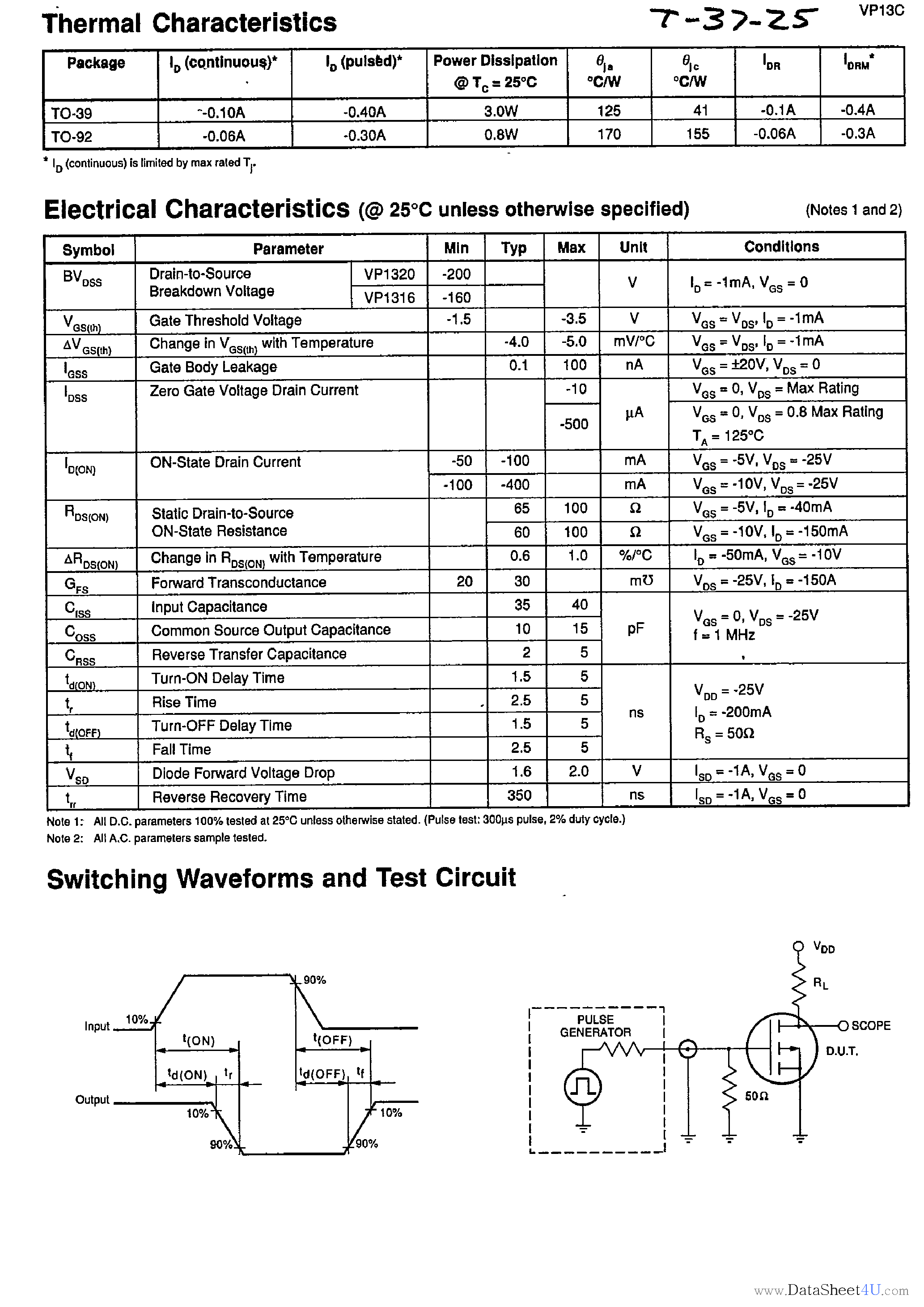 Datasheet VP1316N2 - P-Channel Enhancement-Mode Vertical DMOS Power FETs page 2