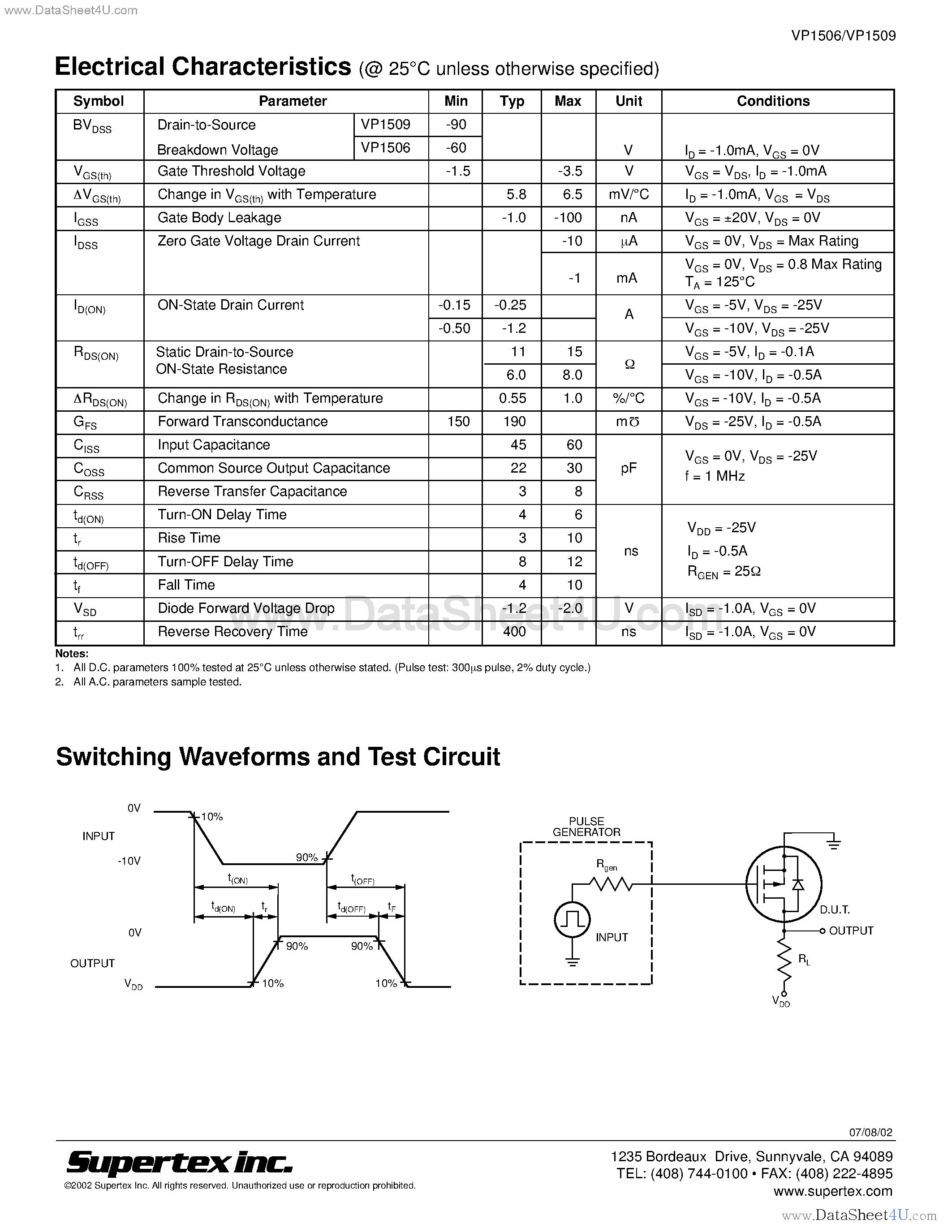 Datasheet VP1509 - P-Channel Enhancement-Mode Vertical DMOS FETs page 2