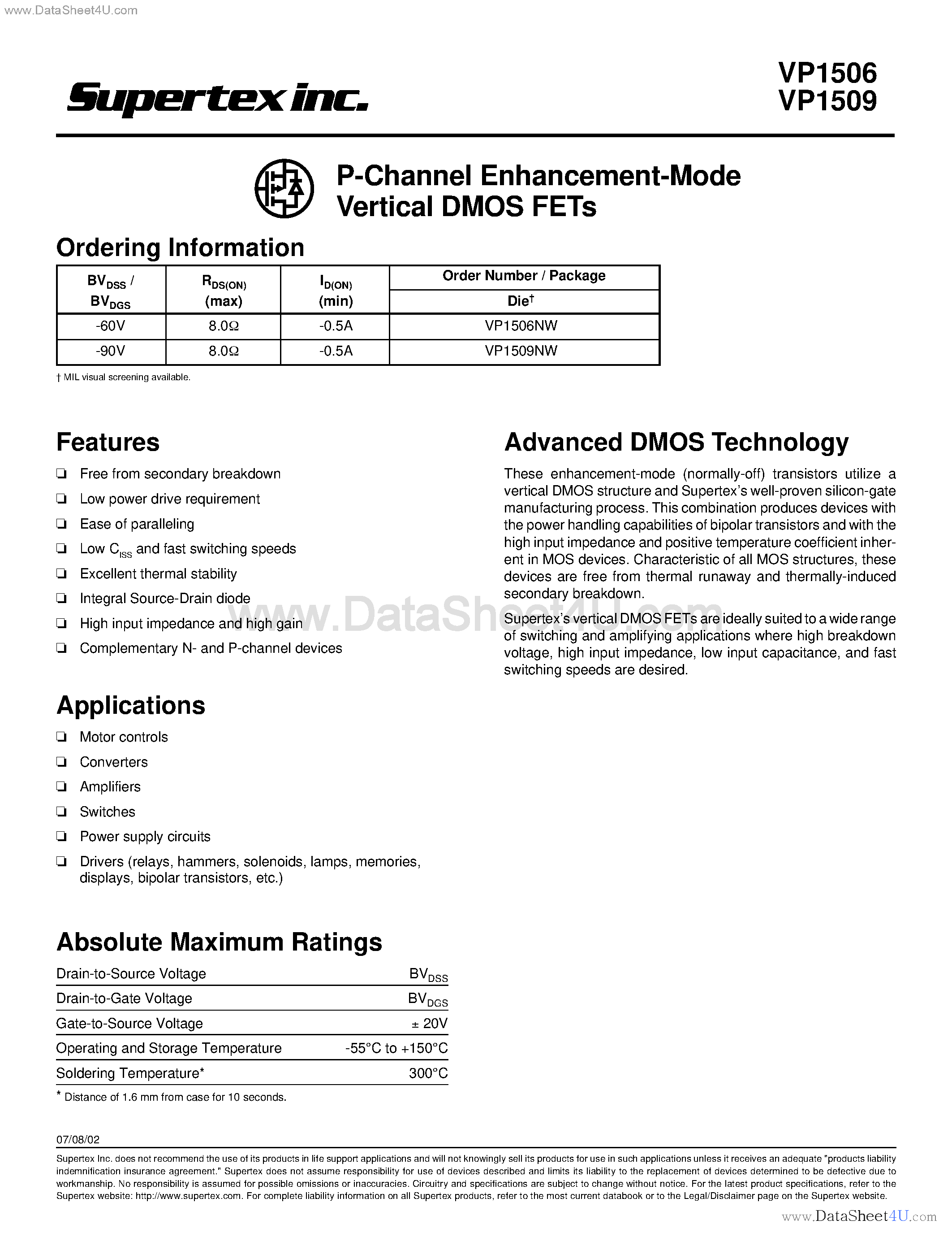 Даташит на микросхему VP1509NW страница 1 Даташит VP1509NW - P-Channel Enhancement-Mode Vertical DMOS FETs страница 1