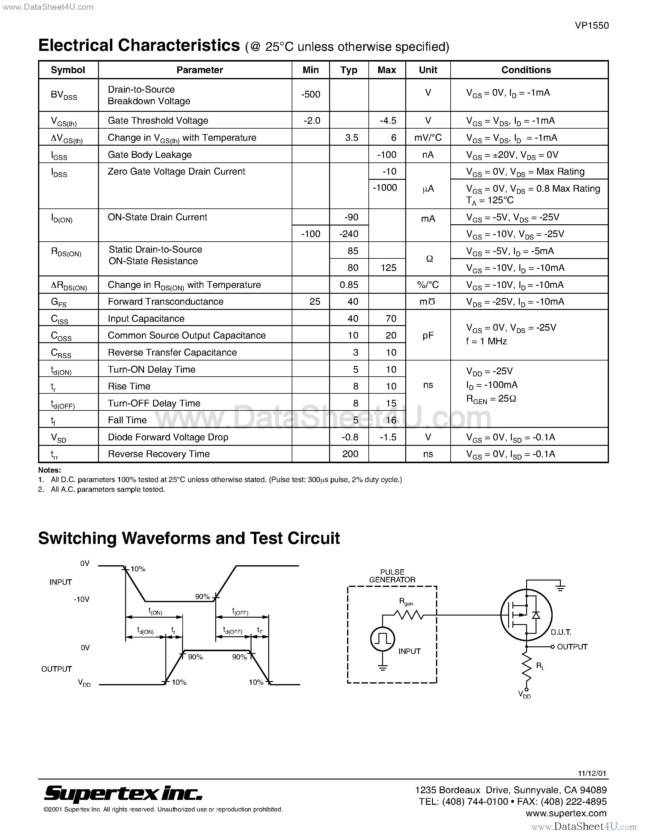 Даташит VP1550 - P-Channel Enhancement-Mode Vertical DMOS FETs страница 2