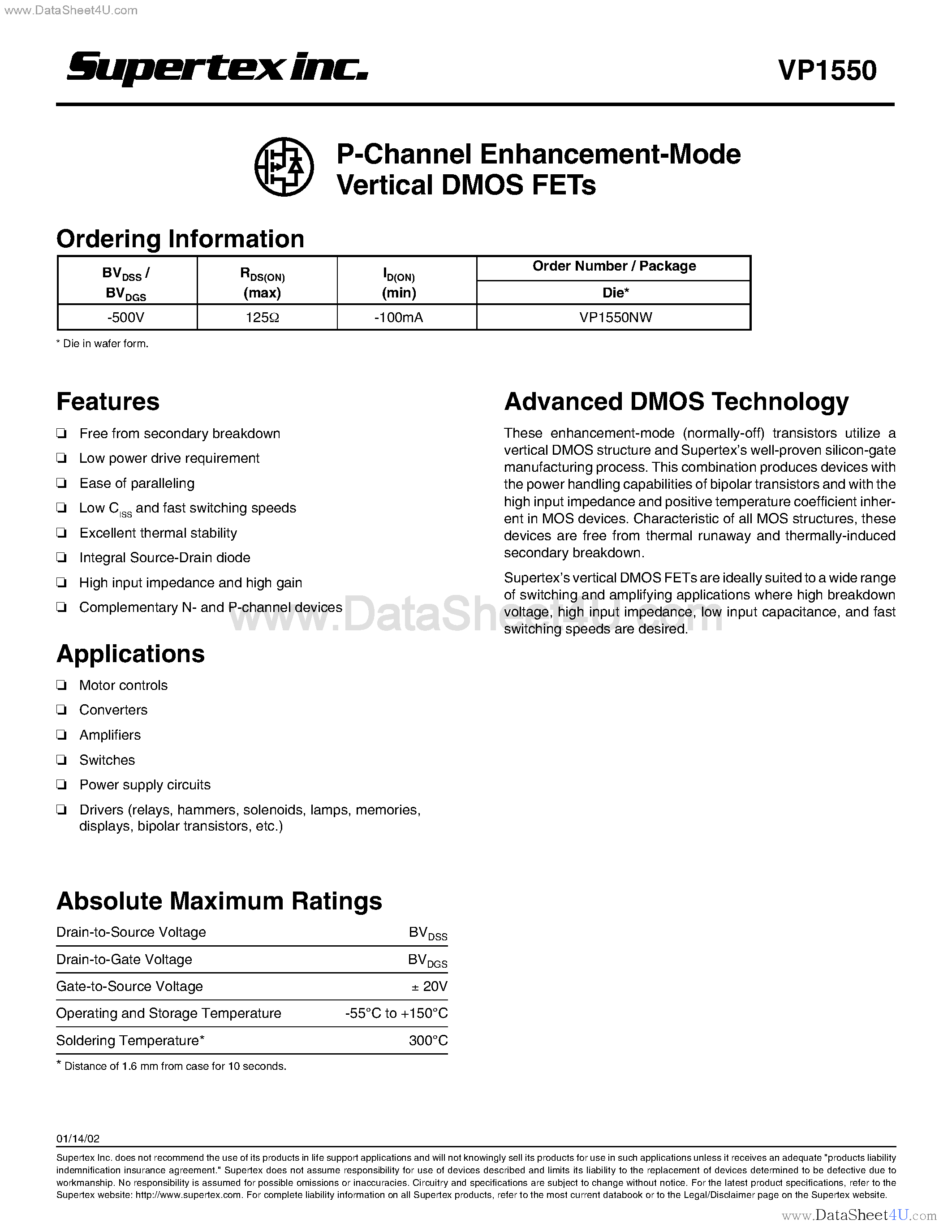 Datasheet VP1550NW - P-Channel Enhancement-Mode Vertical DMOS FETs page 1