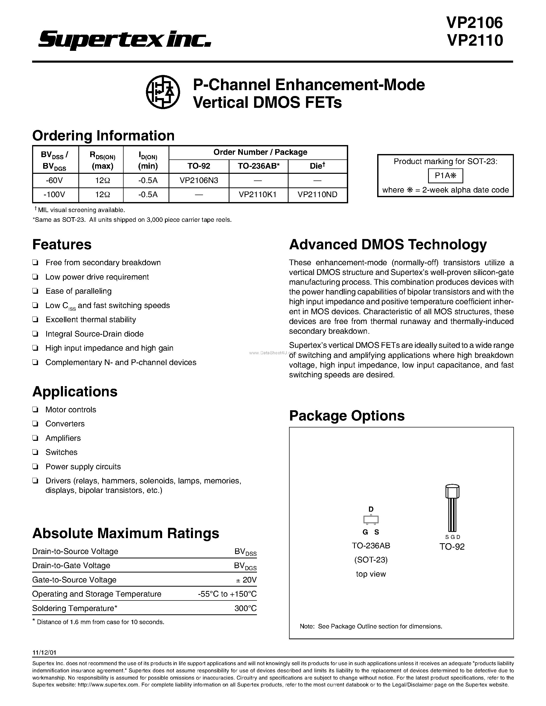 Datasheet VP2110ND - P-Channel Enhancement-Mode Vertical DMOS FETs page 1