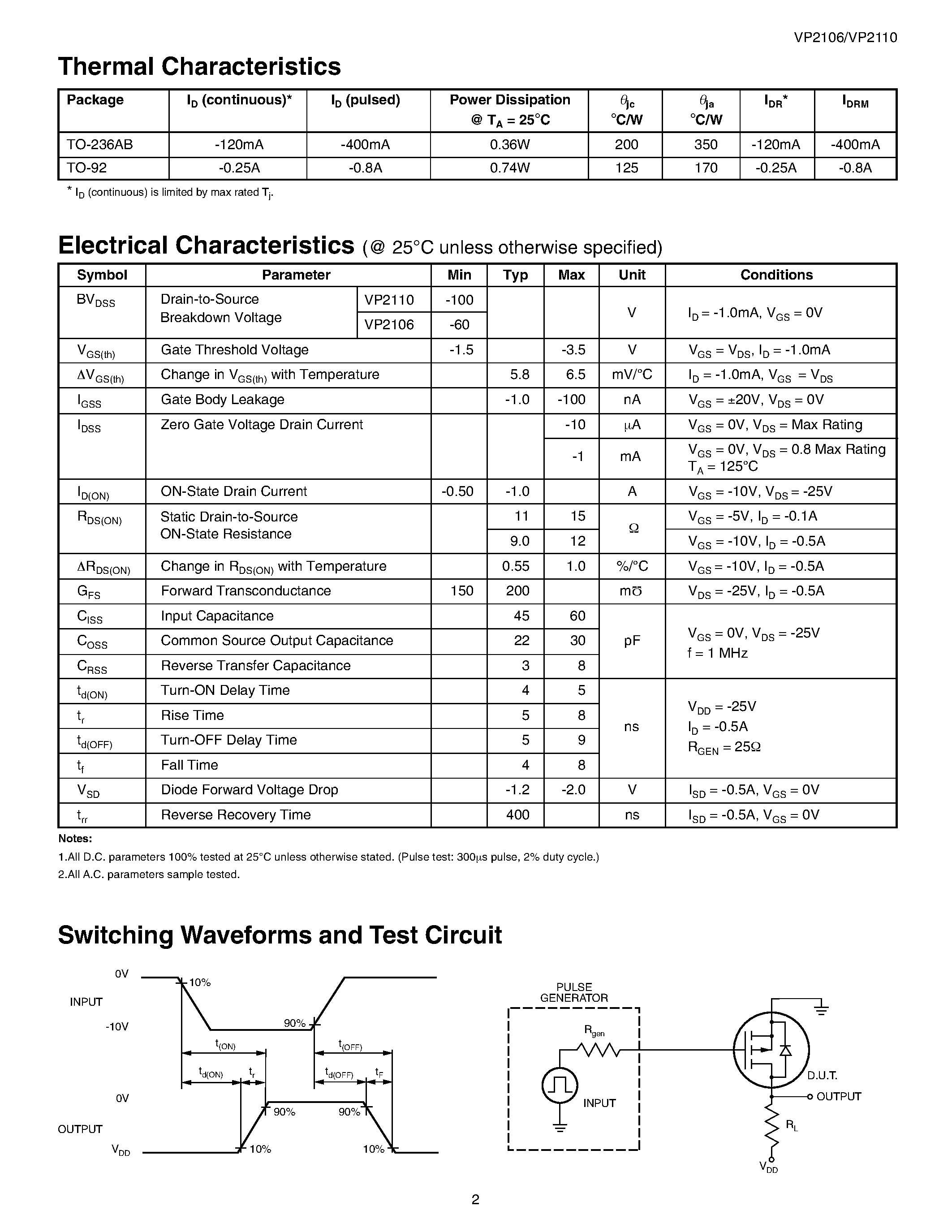Datasheet VP2110ND - P-Channel Enhancement-Mode Vertical DMOS FETs page 2