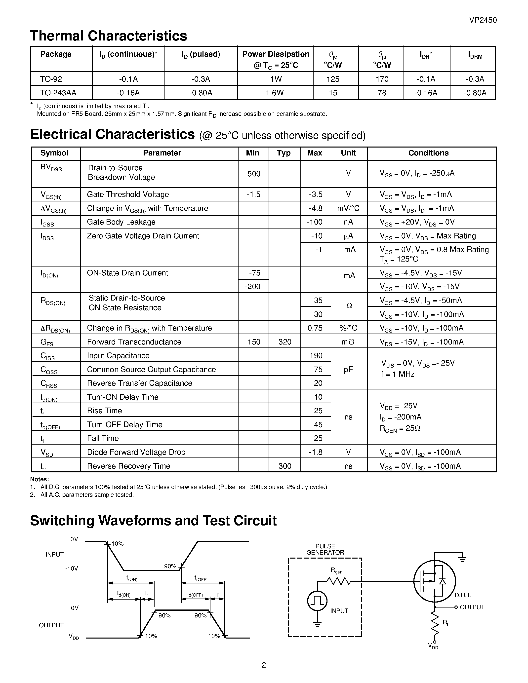 Datasheet VP2450 - P-Channel Enhancement-Mode Vertical DMOS FETs page 2