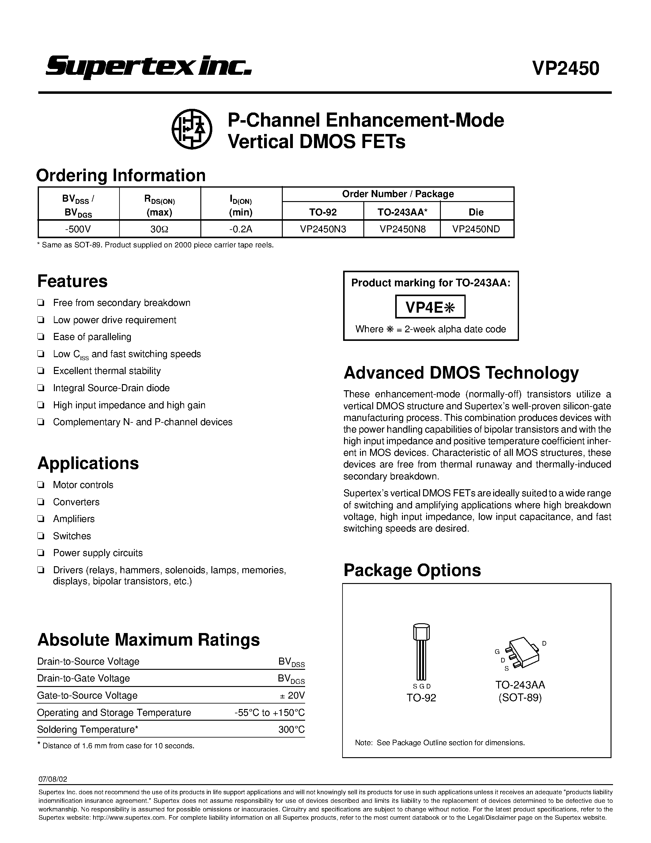 Datasheet VP2450N3 - P-Channel Enhancement-Mode Vertical DMOS FETs page 1