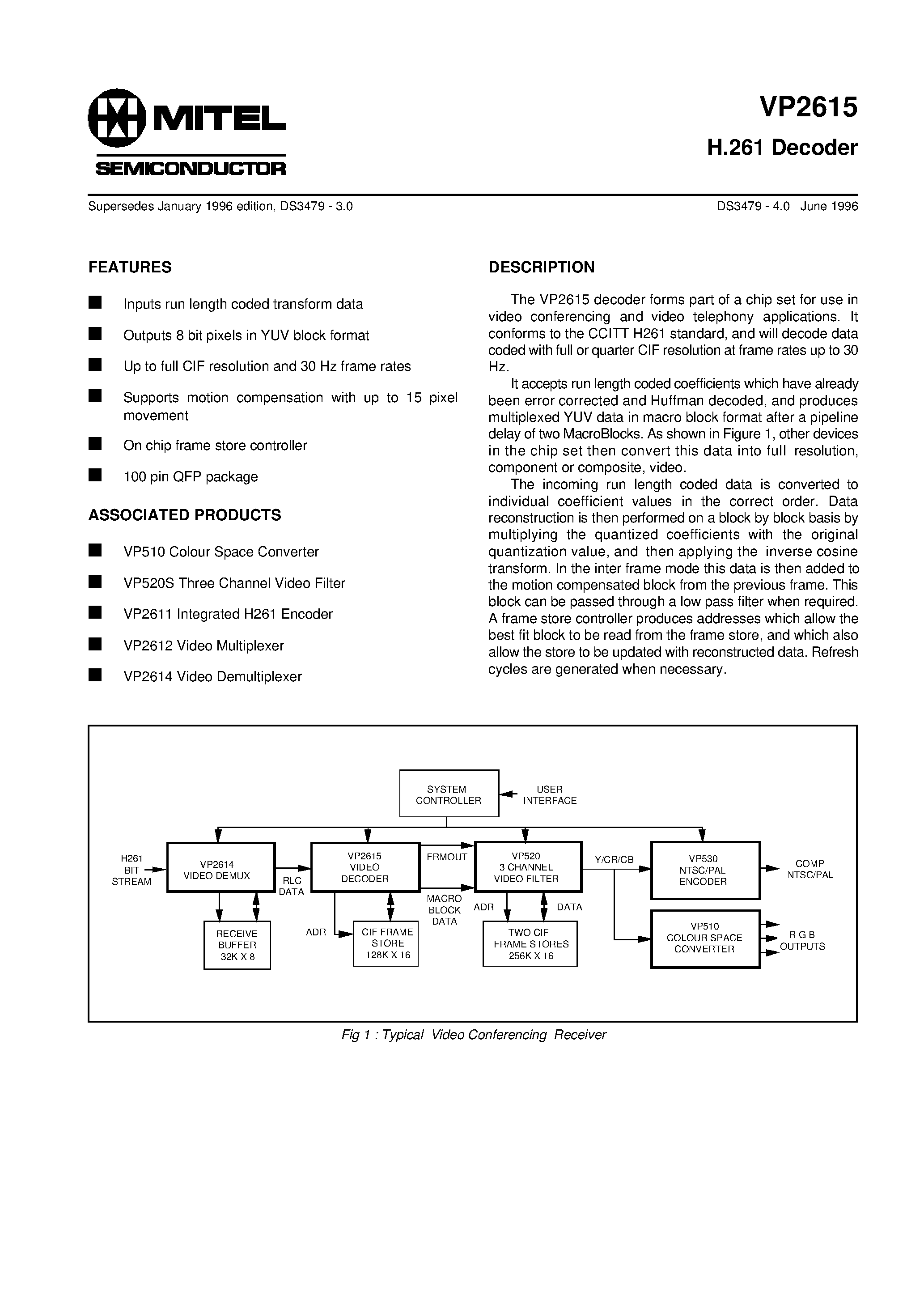 Даташит на микросхему VP2615CGGH1R страница 1 Даташит VP2615CGGH1R - H.261 Decoder страница 1