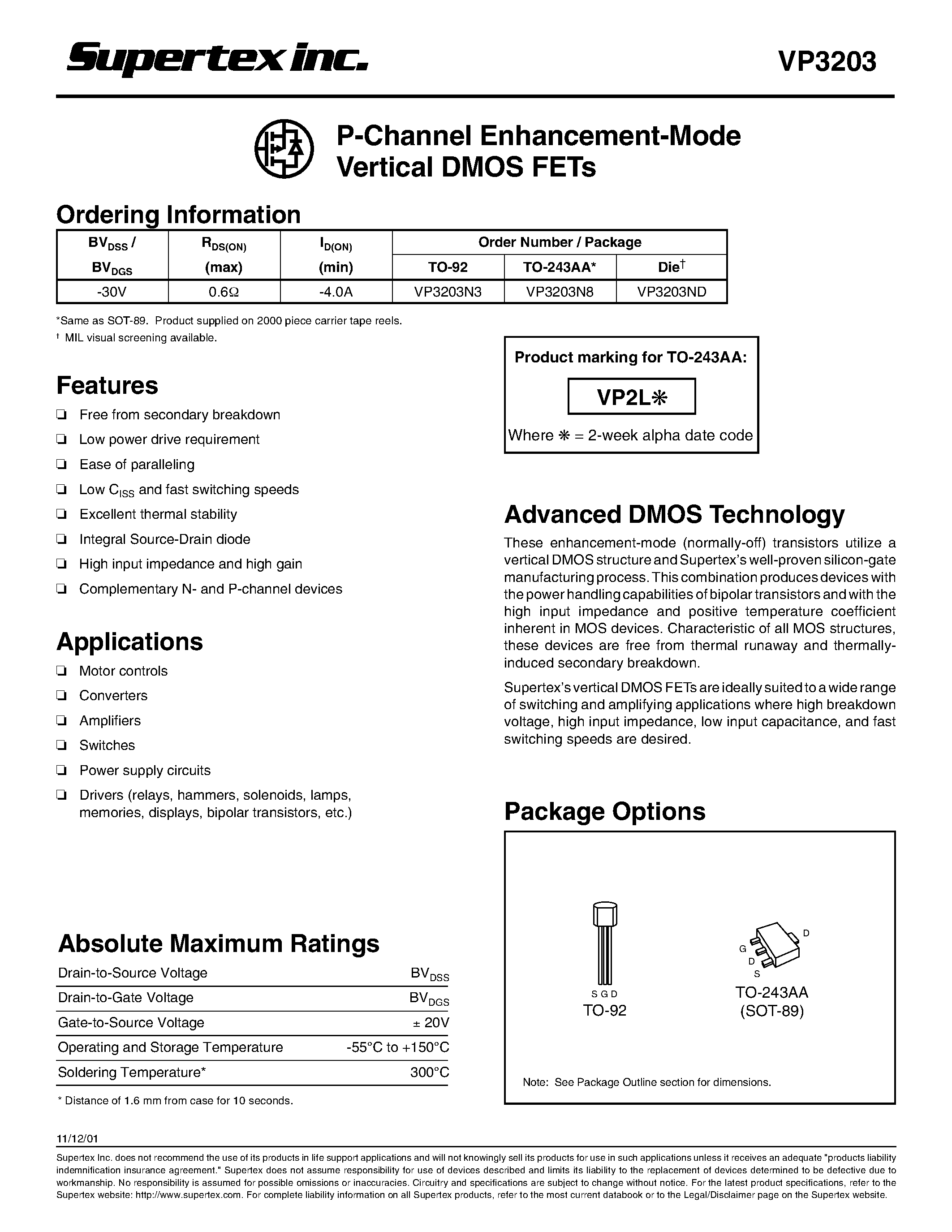 Даташит VP3203 - P-Channel Enhancement-Mode Vertical DMOS FETs страница 1