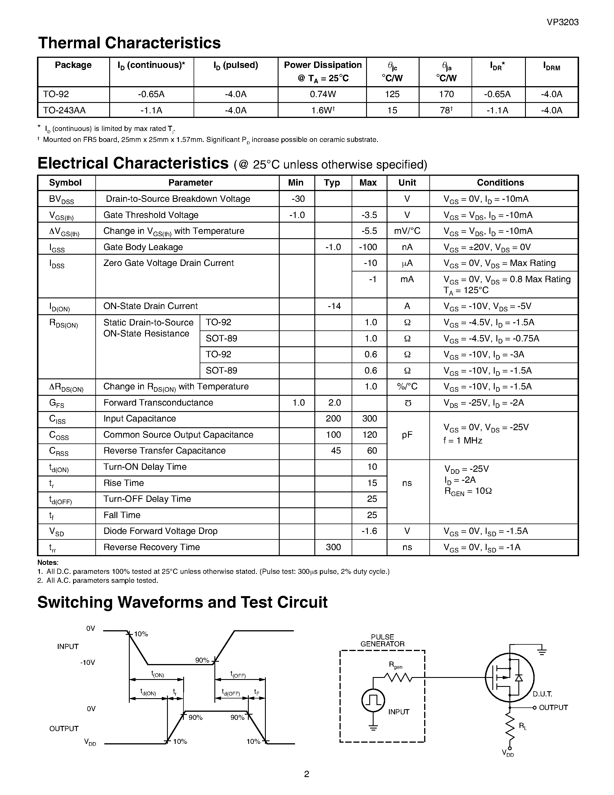 Даташит VP3203 - P-Channel Enhancement-Mode Vertical DMOS FETs страница 2
