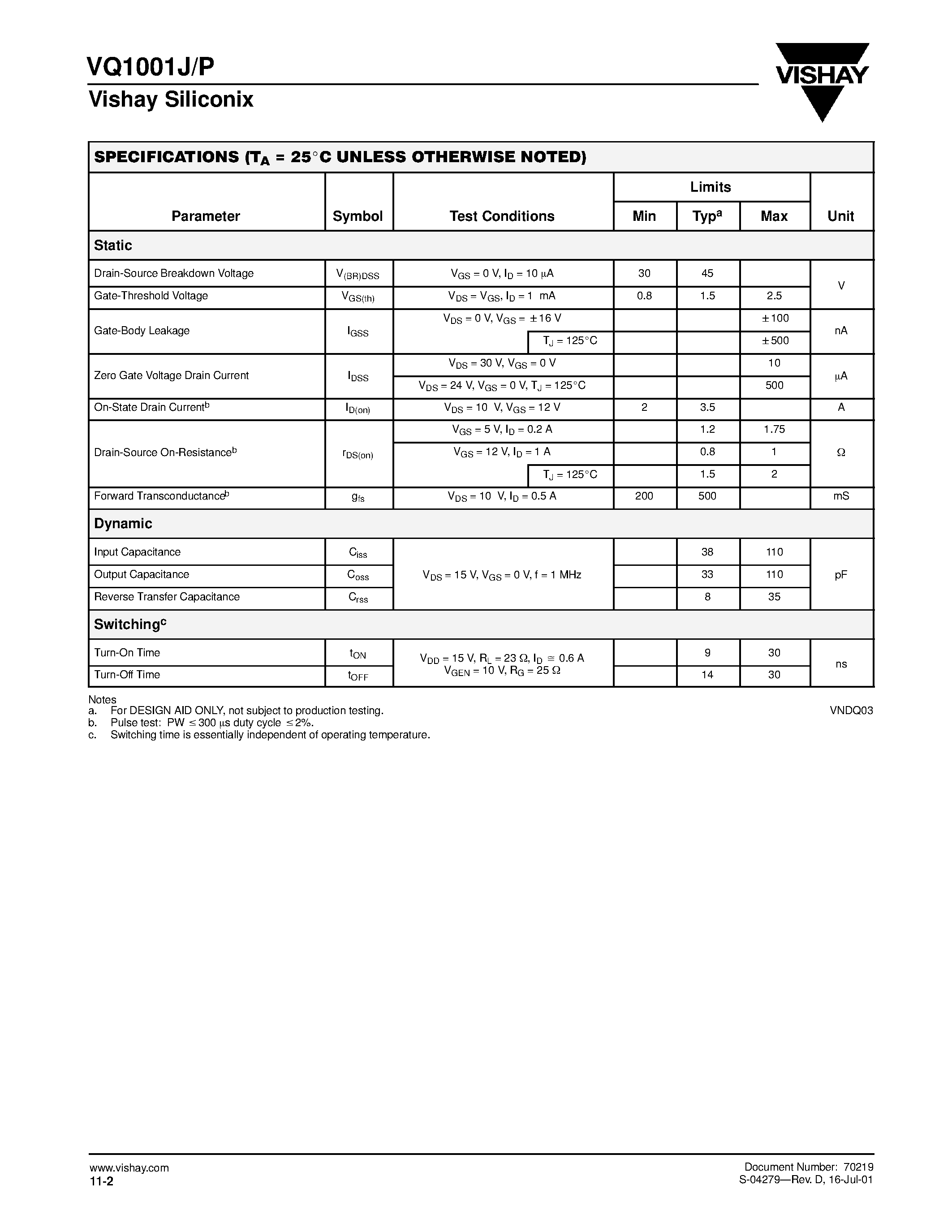 Datasheet VQ1001J - Quad N-Channel 30-V (D-S) MOSFETs page 2