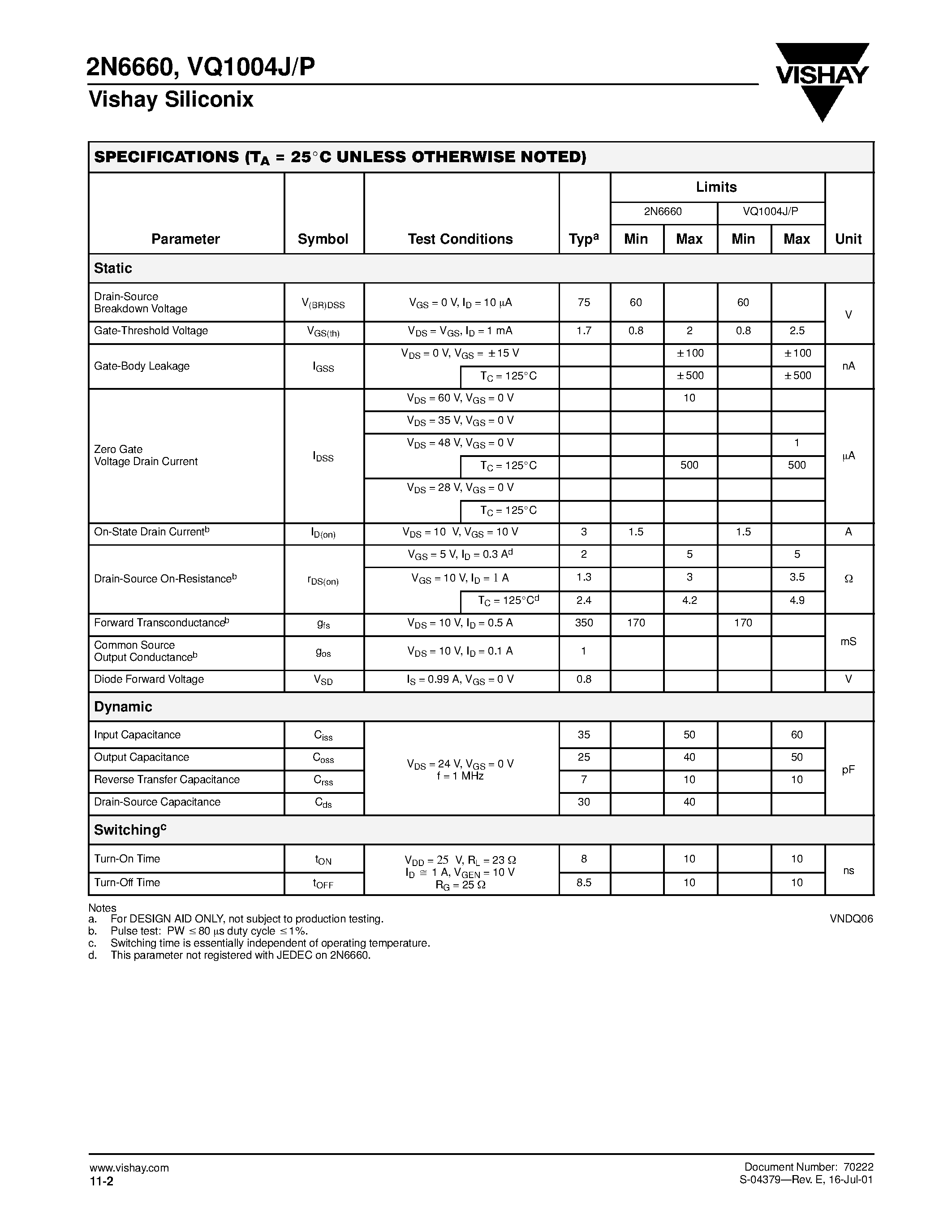 Datasheet VQ1004J page 2 Datasheet VQ1004J - N-Channel 60-V (D-S) Single and Quad MOSFETs page 2