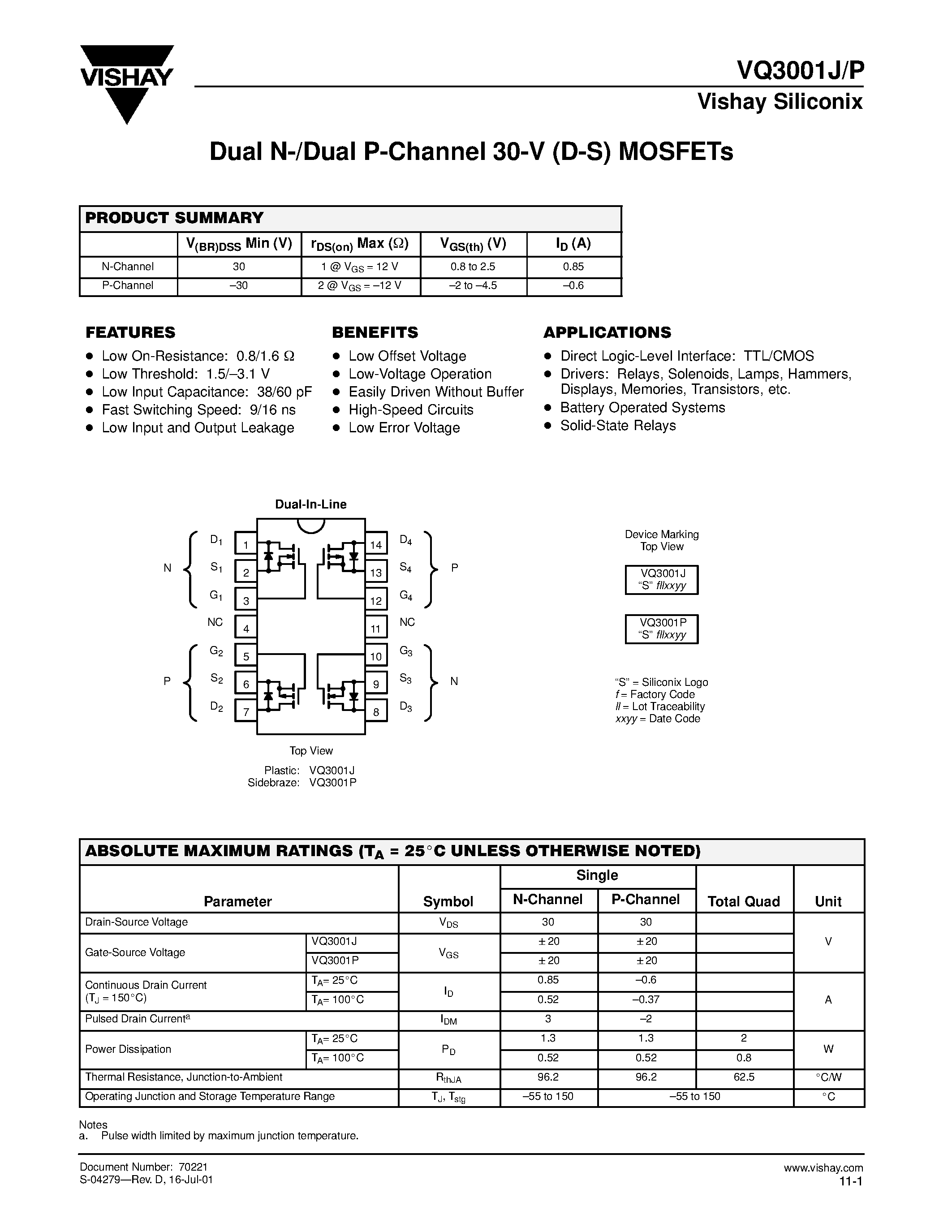 Datasheet VQ3001J page 1 Datasheet VQ3001J - Dual N-/Dual P-Channel 30-V (D-S) MOSFETs page 1
