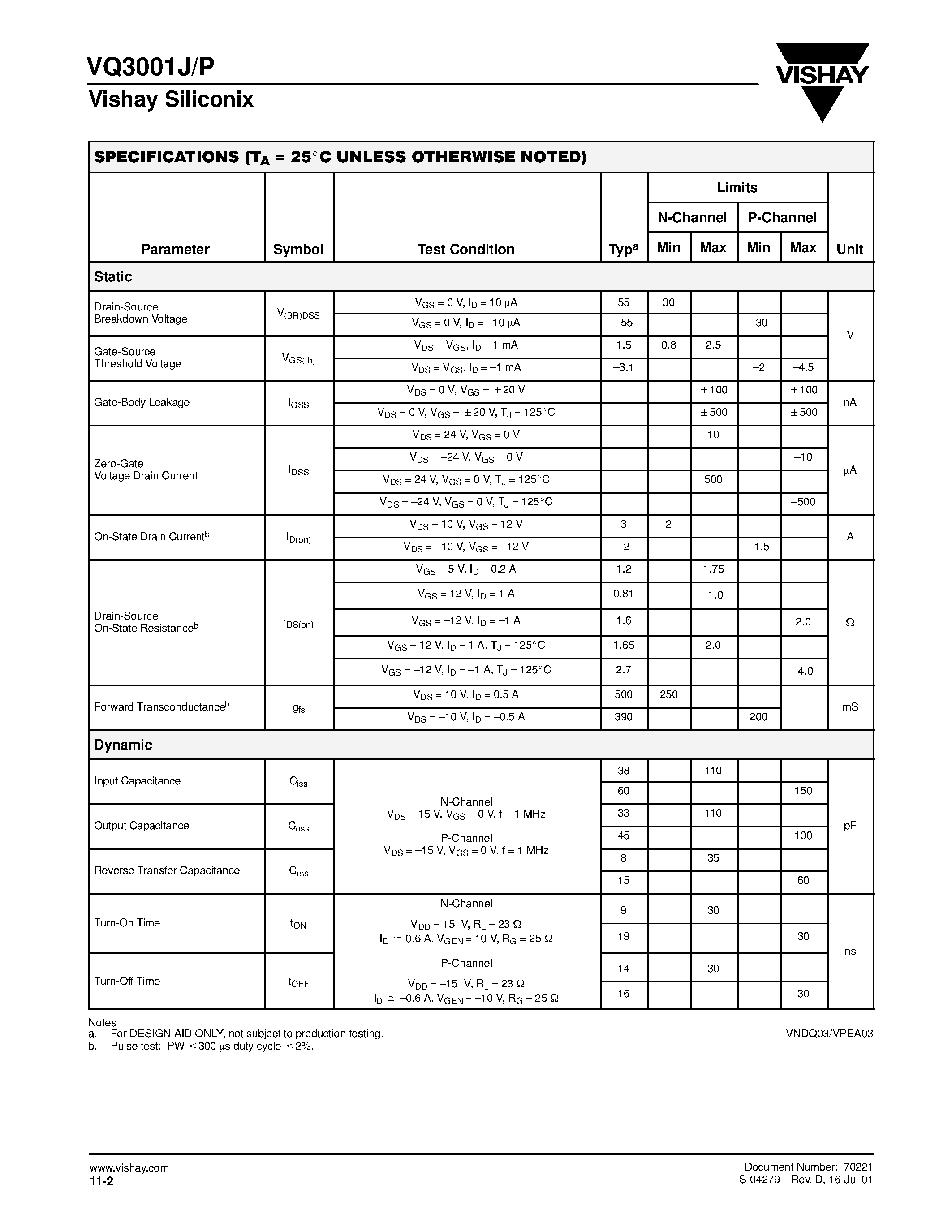 Datasheet VQ3001P page 2 Datasheet VQ3001P - Dual N-/Dual P-Channel 30-V (D-S) MOSFETs page 2
