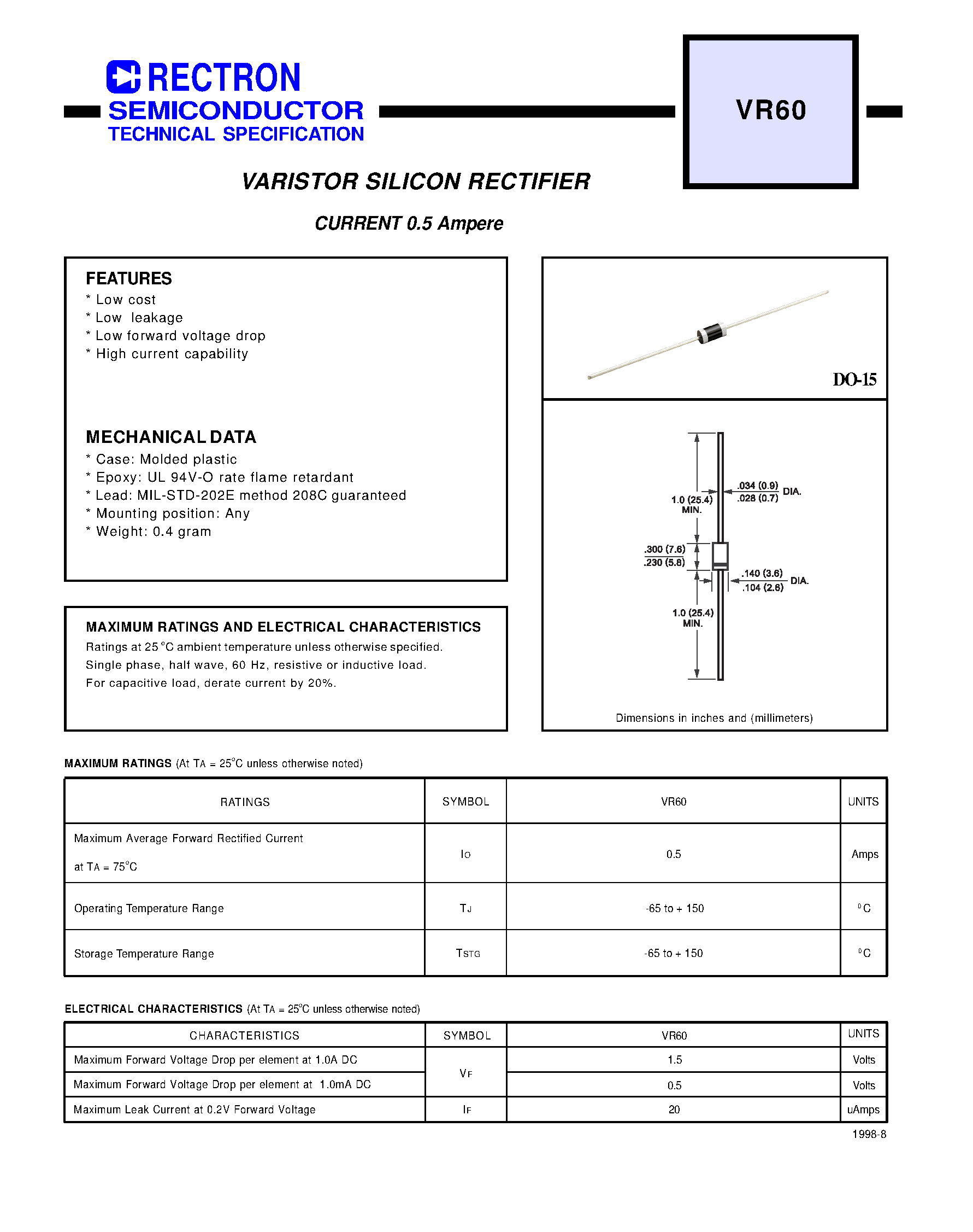 Datasheet VR60 page 1 Datasheet VR60 - VARISTOR SILICON RECTIFIER (CURRENT 0.5 Ampere) page 1