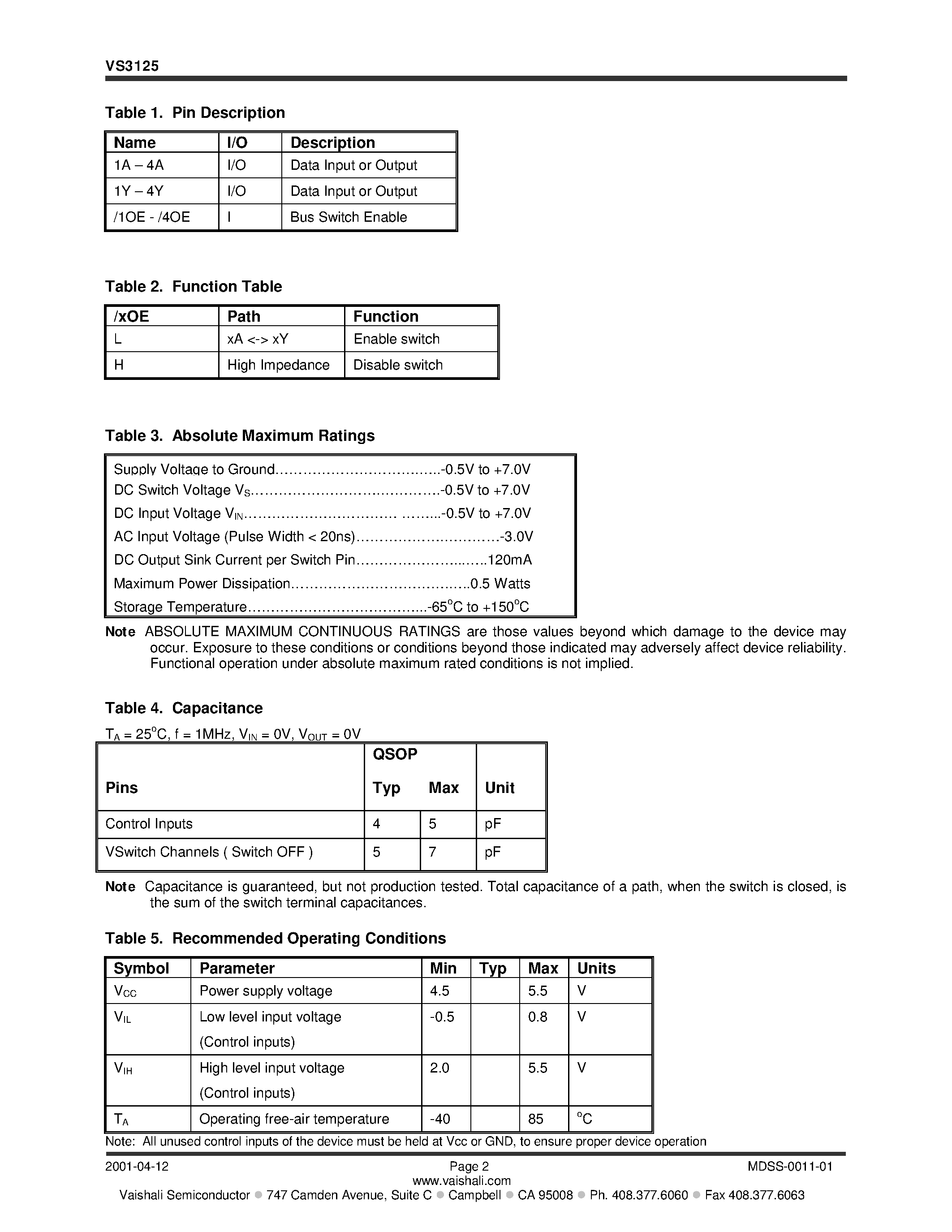 Datasheet VS3125 - Quad Bus Switch with Individual Active Low Enables page 2