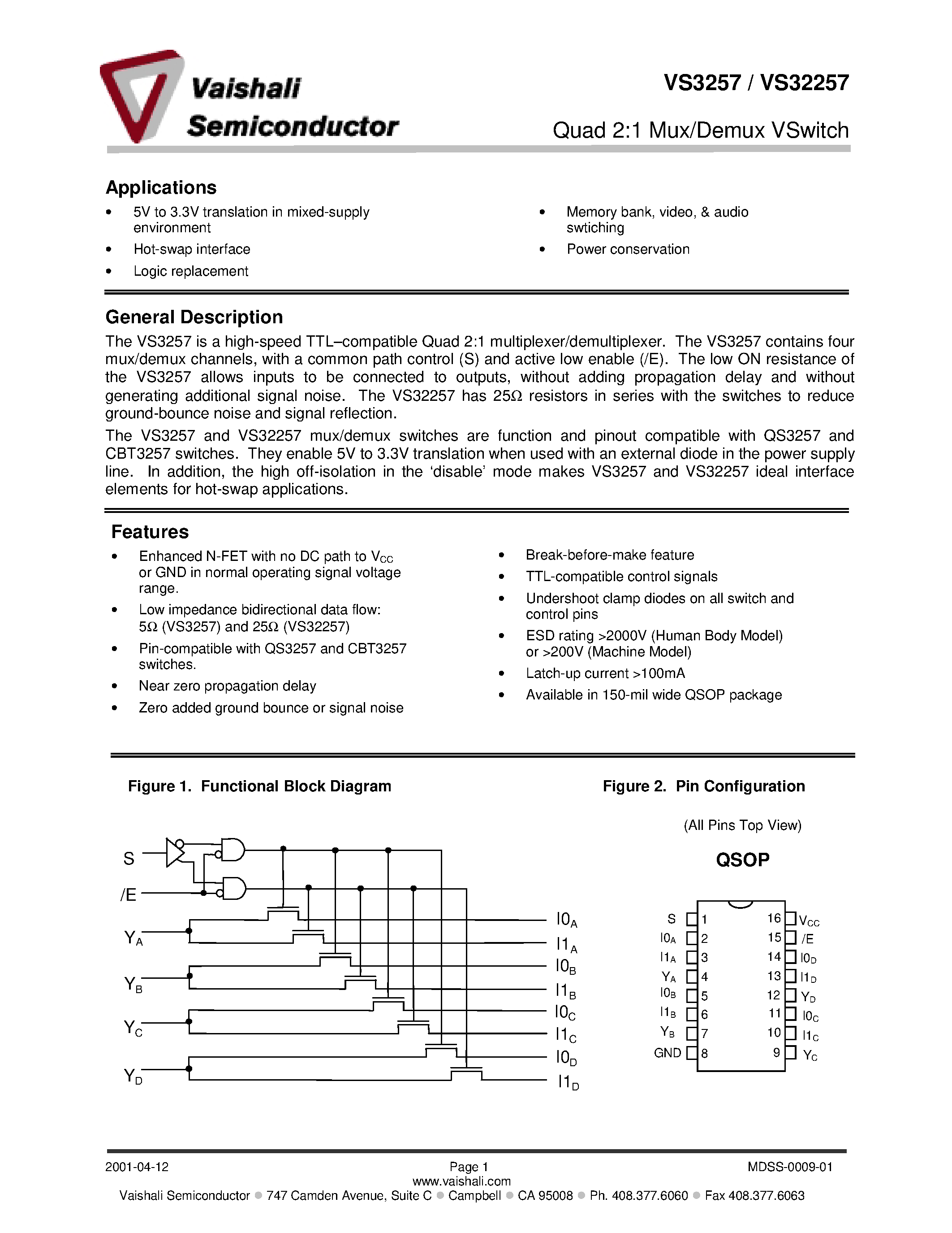 Datasheet VS32257Q - Quad 2:1 Mux/Demux VSwitch page 1