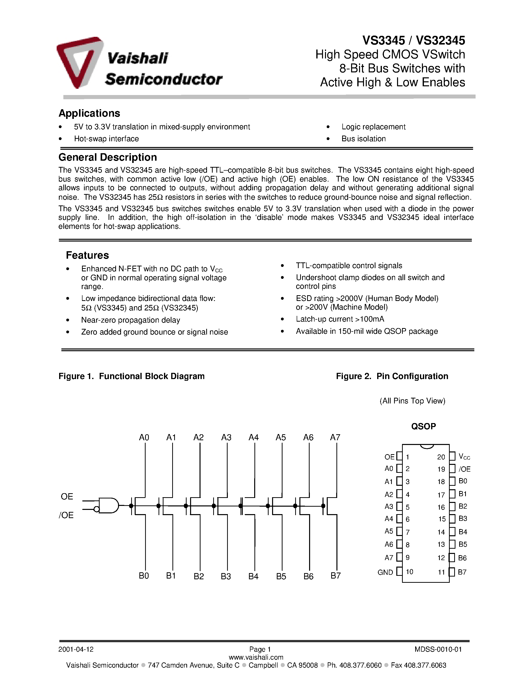 Datasheet VS3345Q page 1 Datasheet VS3345Q - High Speed CMOS VSwitch 8-Bit Bus Switches with Active High & Low Enables page 1