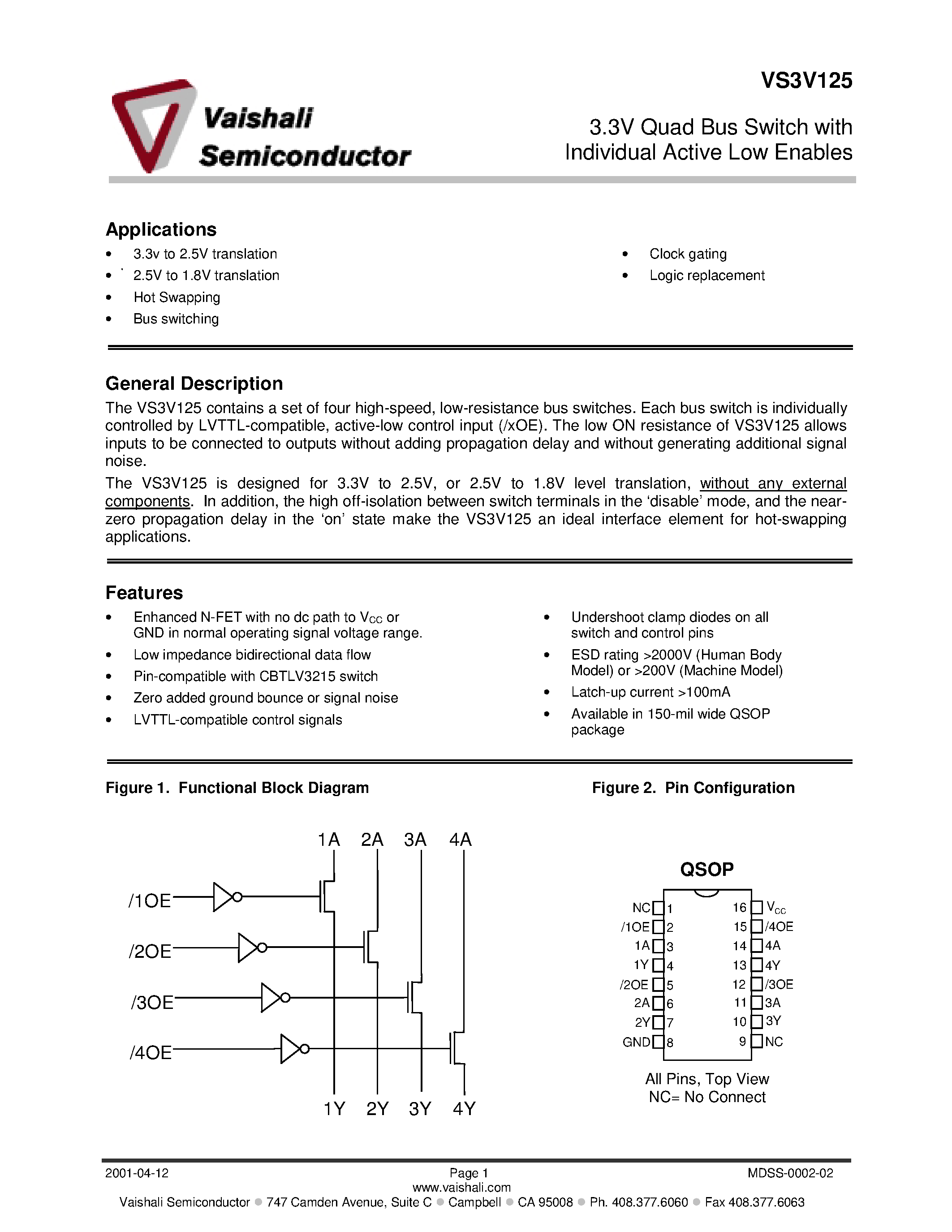 Datasheet VS3V125QX page 1 Datasheet VS3V125QX - 3.3V Quad Bus Switch with Individual Active Low Enables page 1