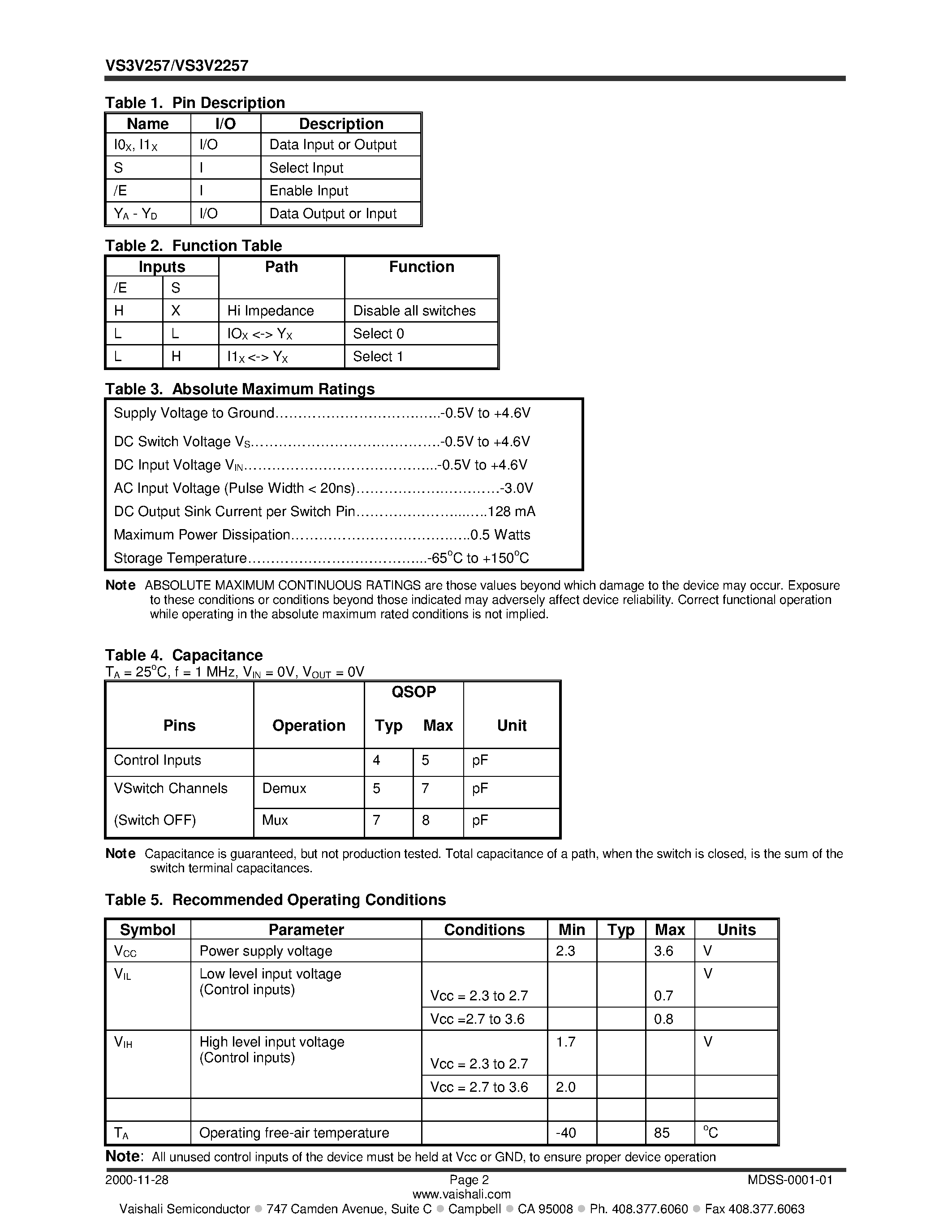 Datasheet VS3V2257QX - High-speed 3.3V CMOS VSwitch Quad 2:1 Mux/Demux page 2