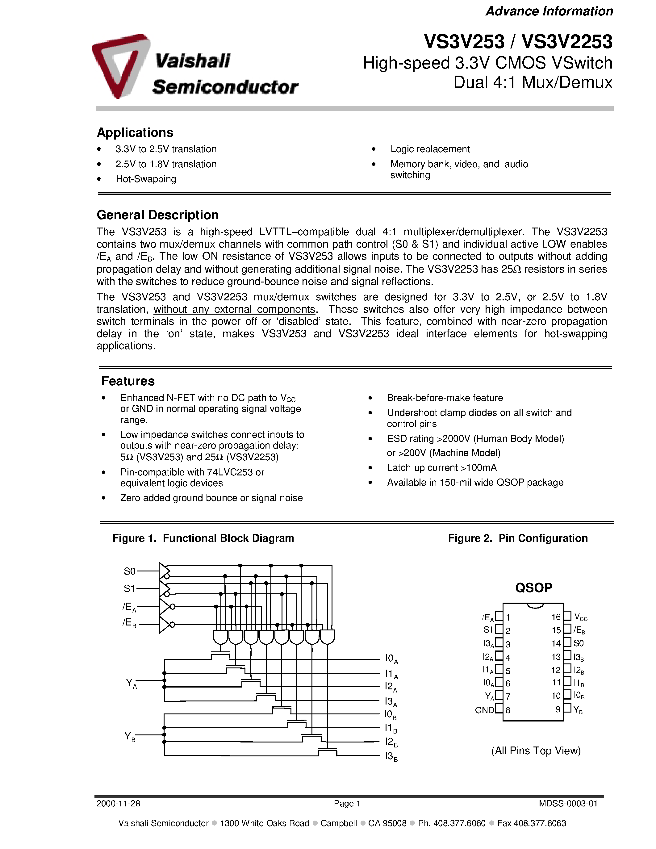 Даташит VS3V253Q - High-speed 3.3V CMOS VSwitch Dual 4:1 Mux/Demux страница 1