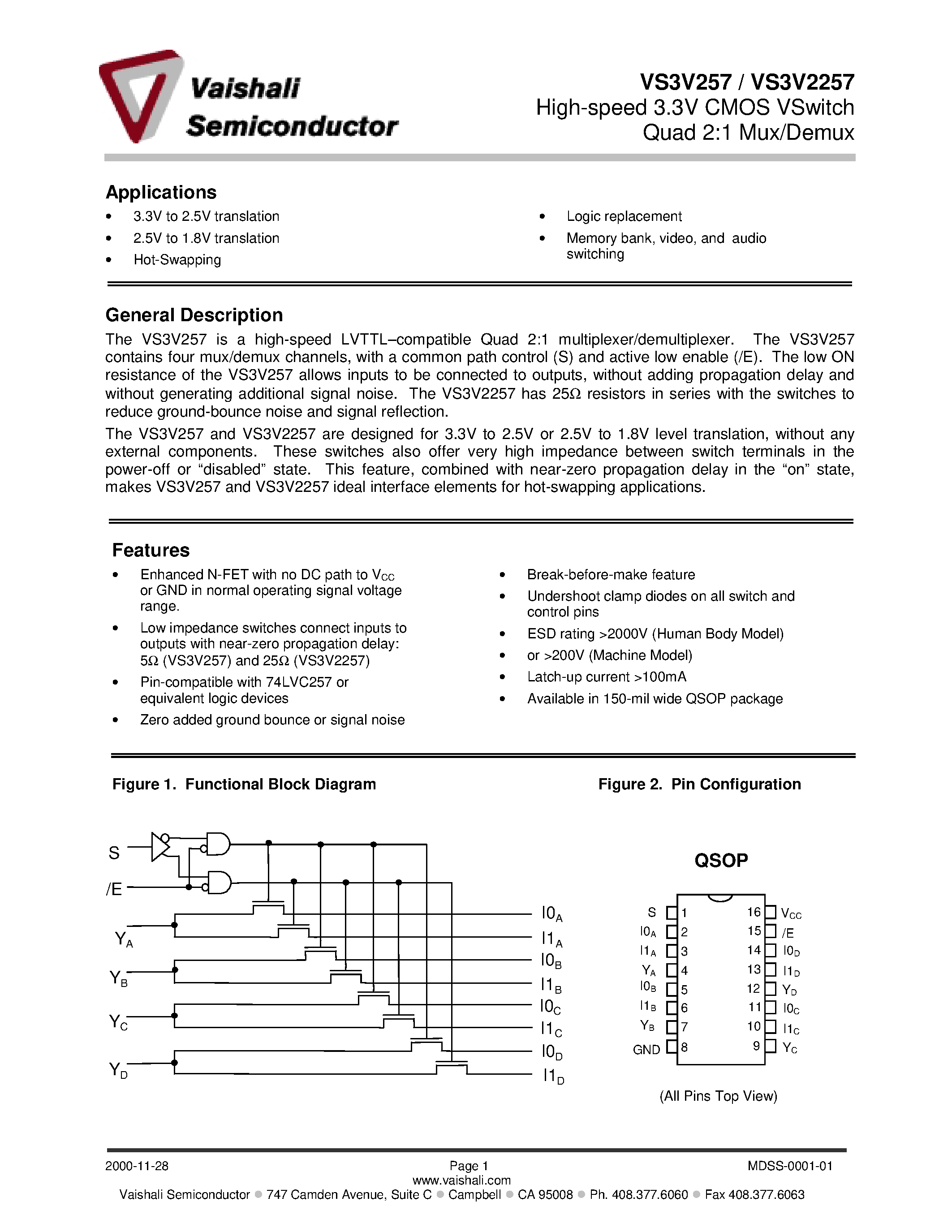 Datasheet VS3V257Q - High-speed 3.3V CMOS VSwitch Quad 2:1 Mux/Demux page 1