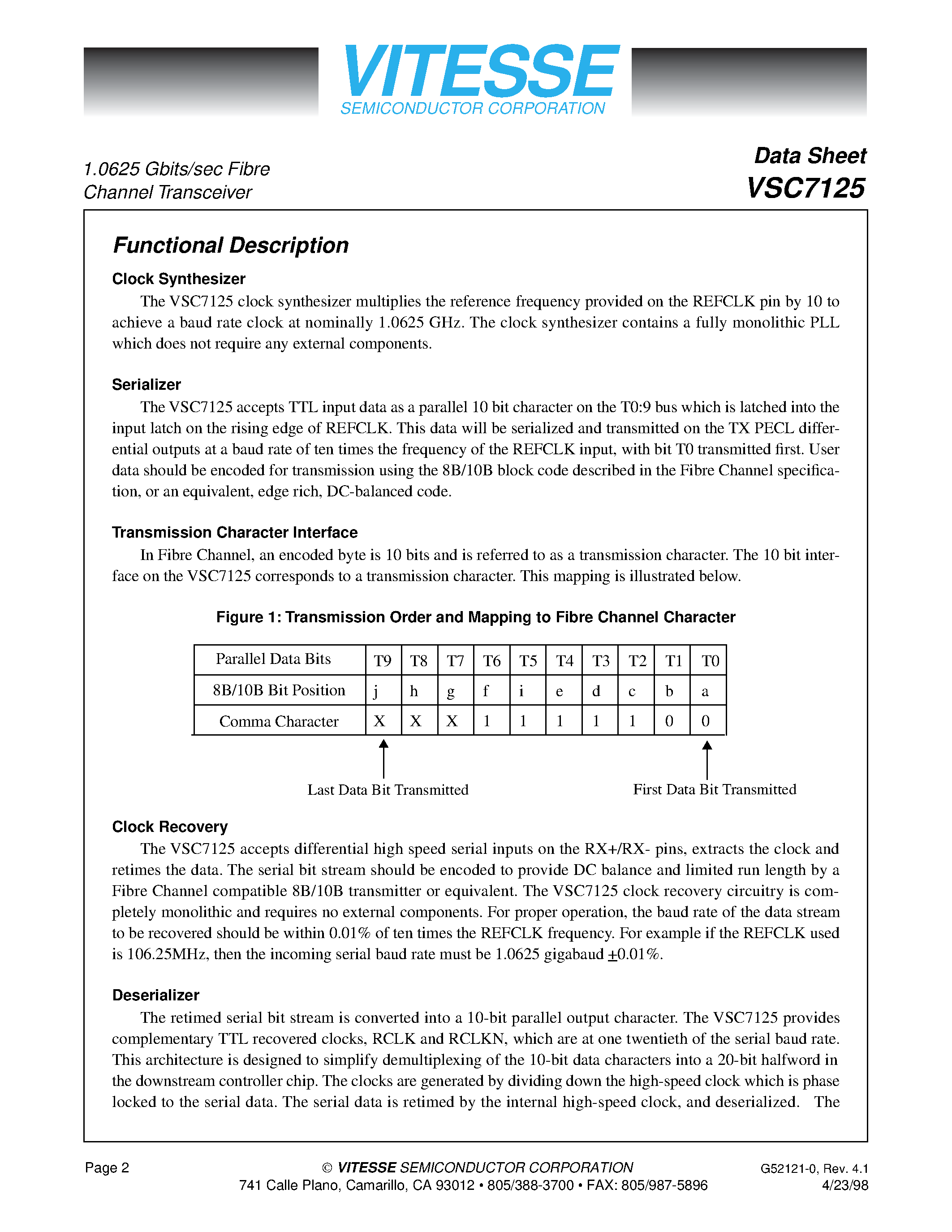 Datasheet VSC7125 page 2 Datasheet VSC7125 - 1.0625 Gbits/sec Fibre Channel Transceiver page 2