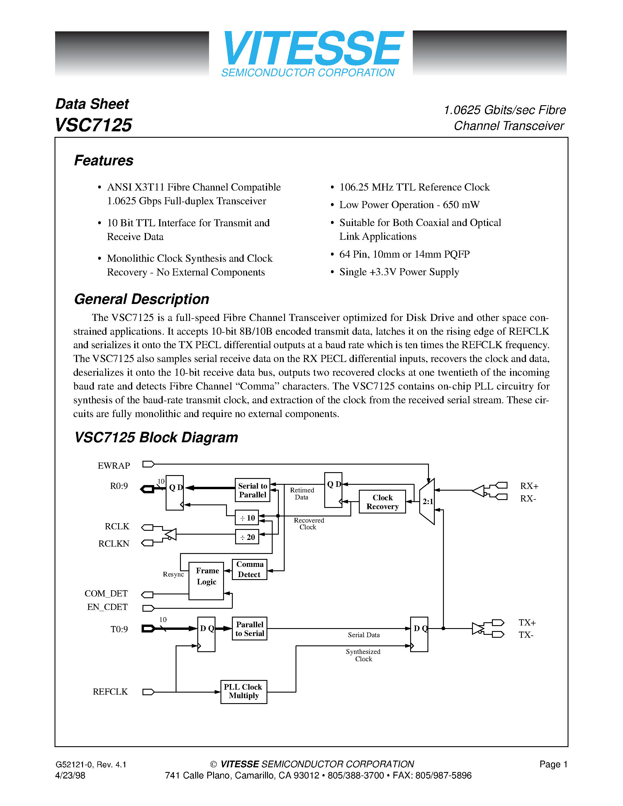 Datasheet VSC7125QU - 1.0625 Gbits/sec Fibre Channel Transceiver page 1