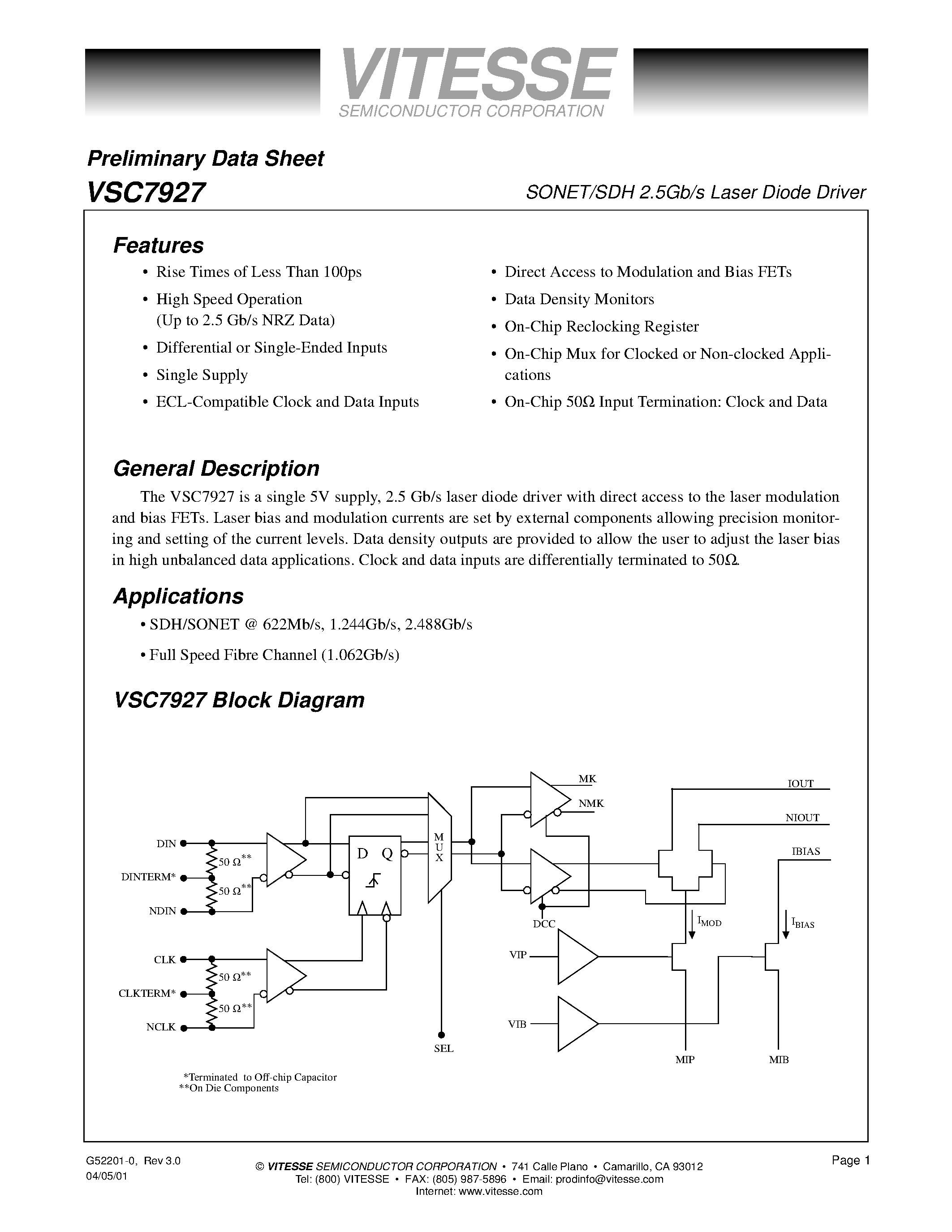 Datasheet VSC7927 - SONET/SDH 2.5Gb/s Laser Diode Driver page 1