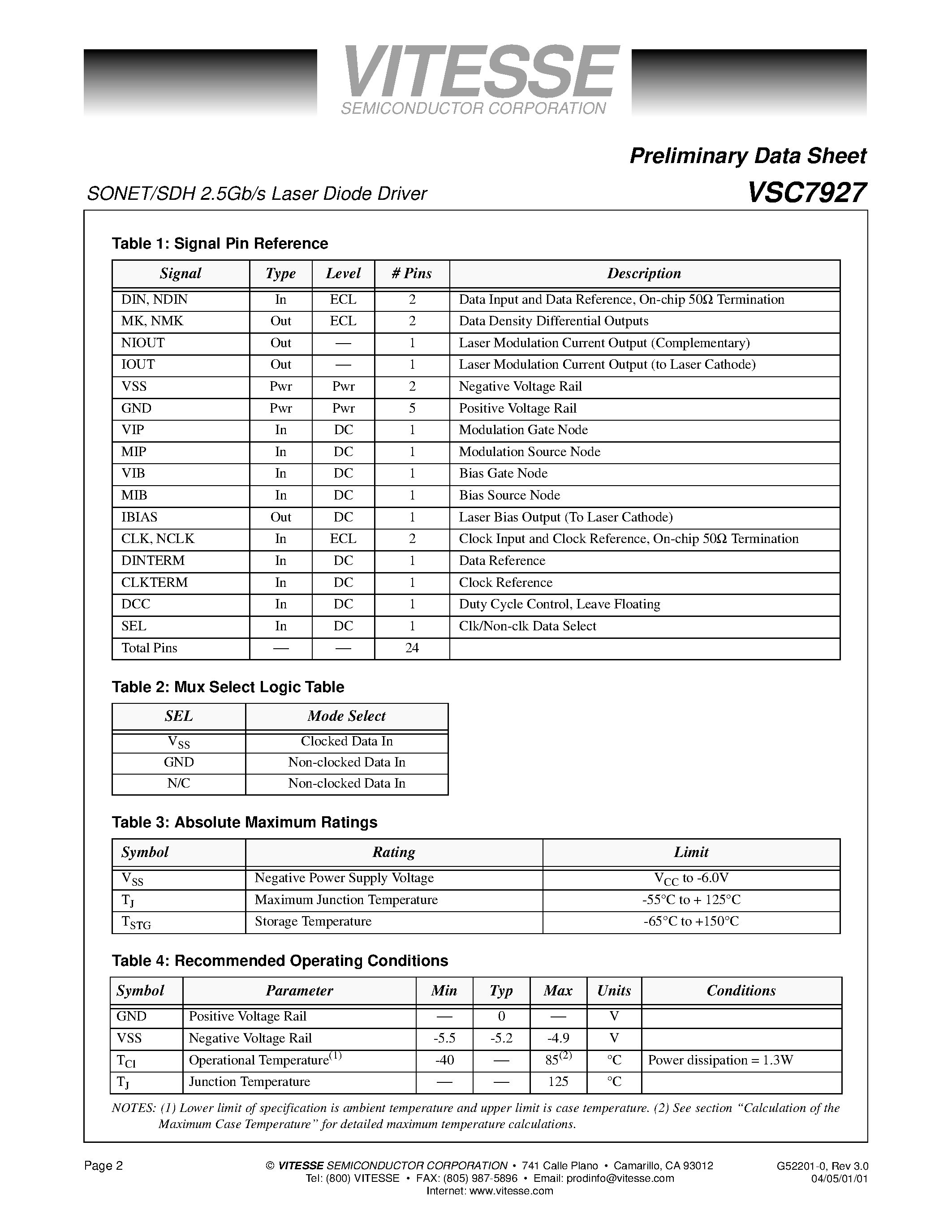 Datasheet VSC7927KFRL - SONET/SDH 2.5Gb/s Laser Diode Driver page 2