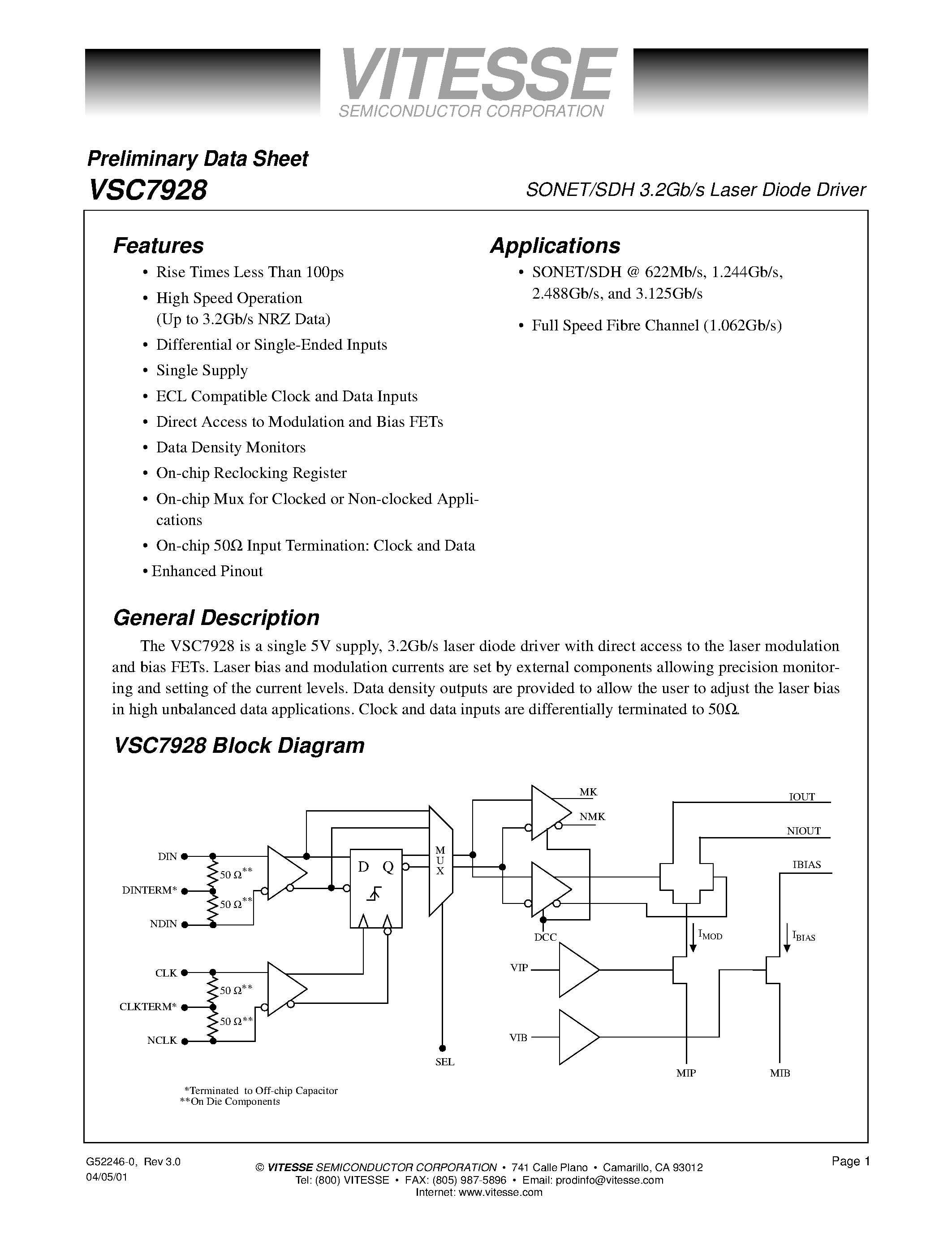 Даташит на микросхему VSC7928RA страница 1 Даташит VSC7928RA - SONET/SDH 3.2Gb/s Laser Diode Driver страница 1