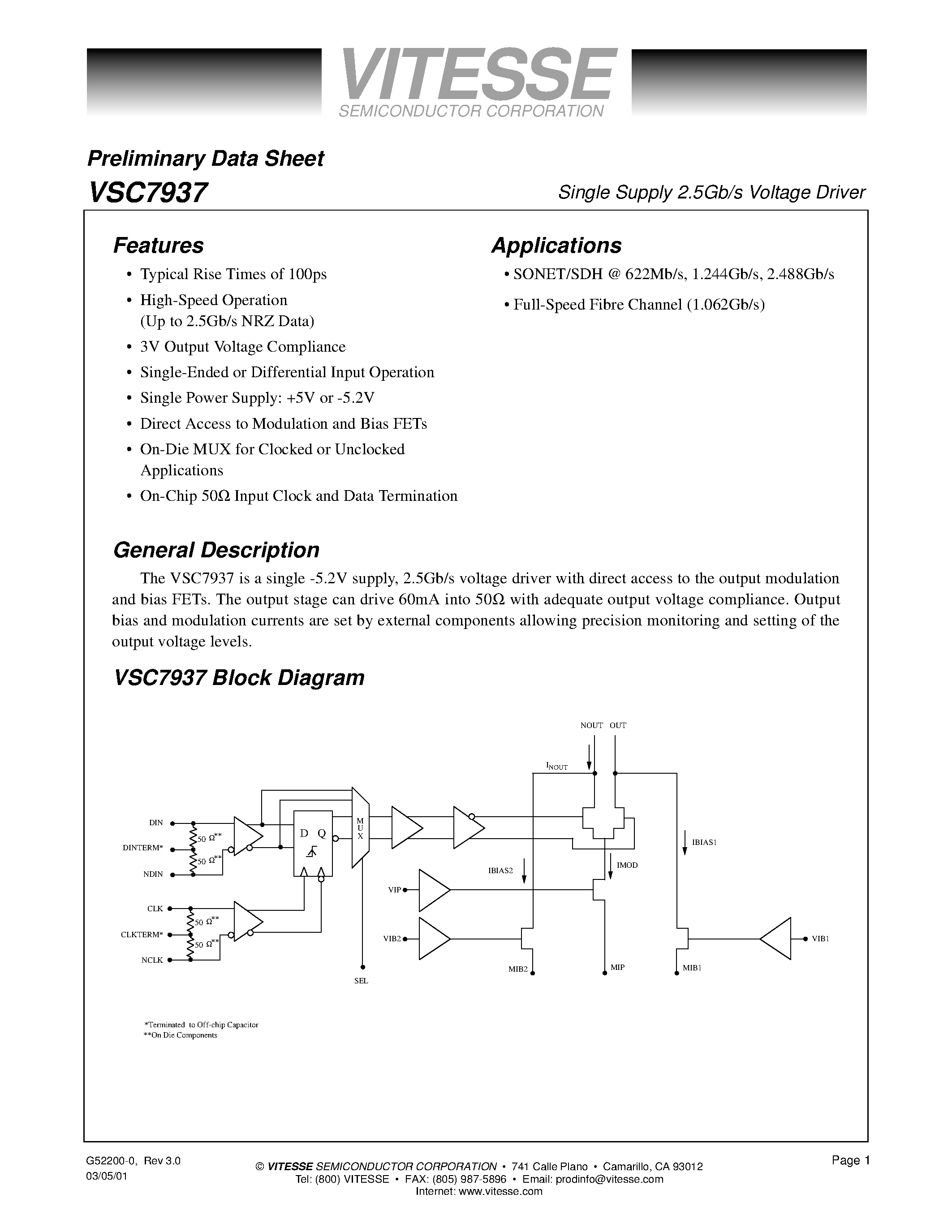 Datasheet VSC7937KJ - Single Supply 2.5Gb/s Voltage Driver page 1