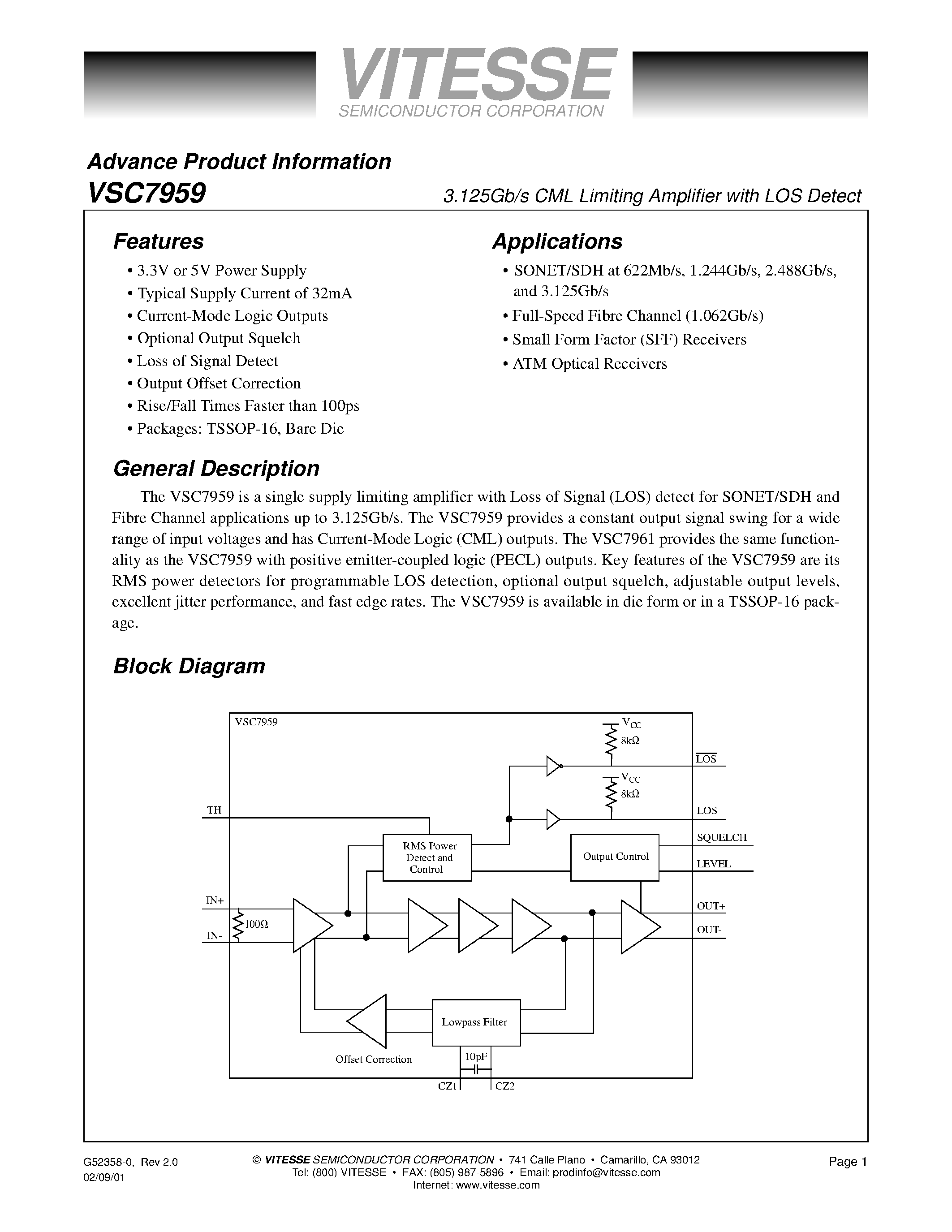 Даташит VSC7959YD - 3.125Gb/s CML Limiting Amplifier with LOS Detect страница 1