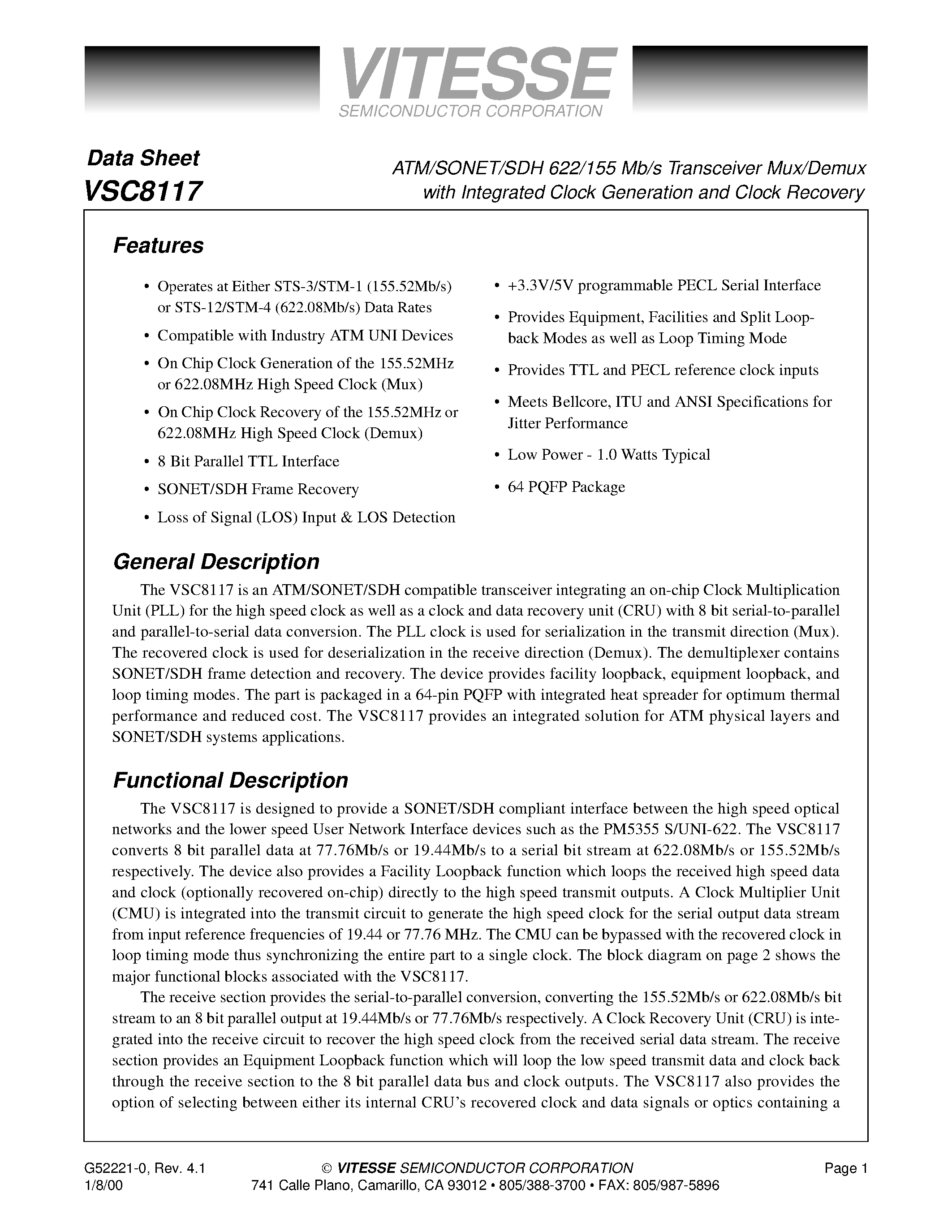 Datasheet VSC8117QP2 - ATM/SONET/SDH 622/155 Mb/s Transceiver Mux/Demux with Integrated Clock Generation and Clock Recovery page 1
