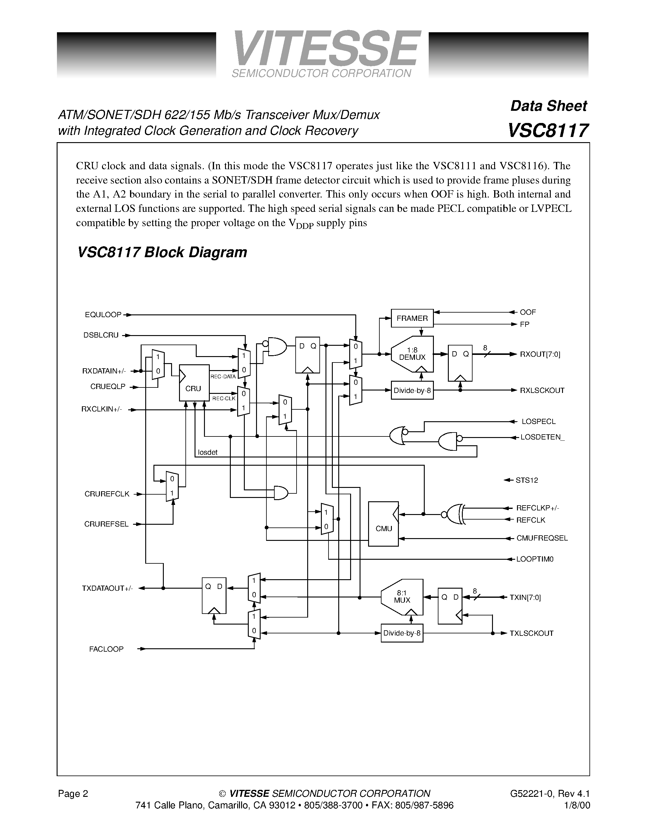 Datasheet VSC8117QP2 - ATM/SONET/SDH 622/155 Mb/s Transceiver Mux/Demux with Integrated Clock Generation and Clock Recovery page 2