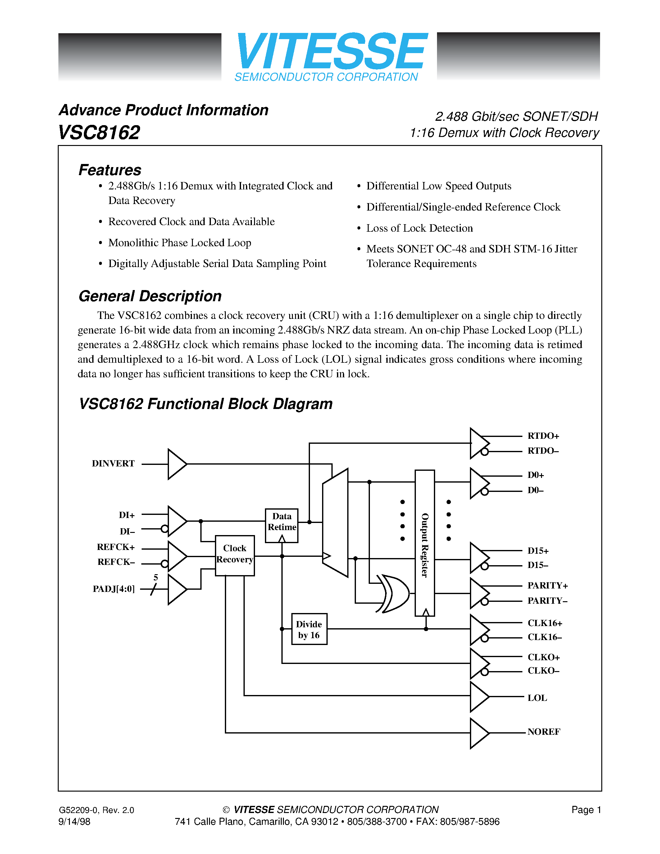 Datasheet VSC8162 - 2.488 Gbit/sec SONET/SDH 1:16 Demux with Clock Recovery page 1