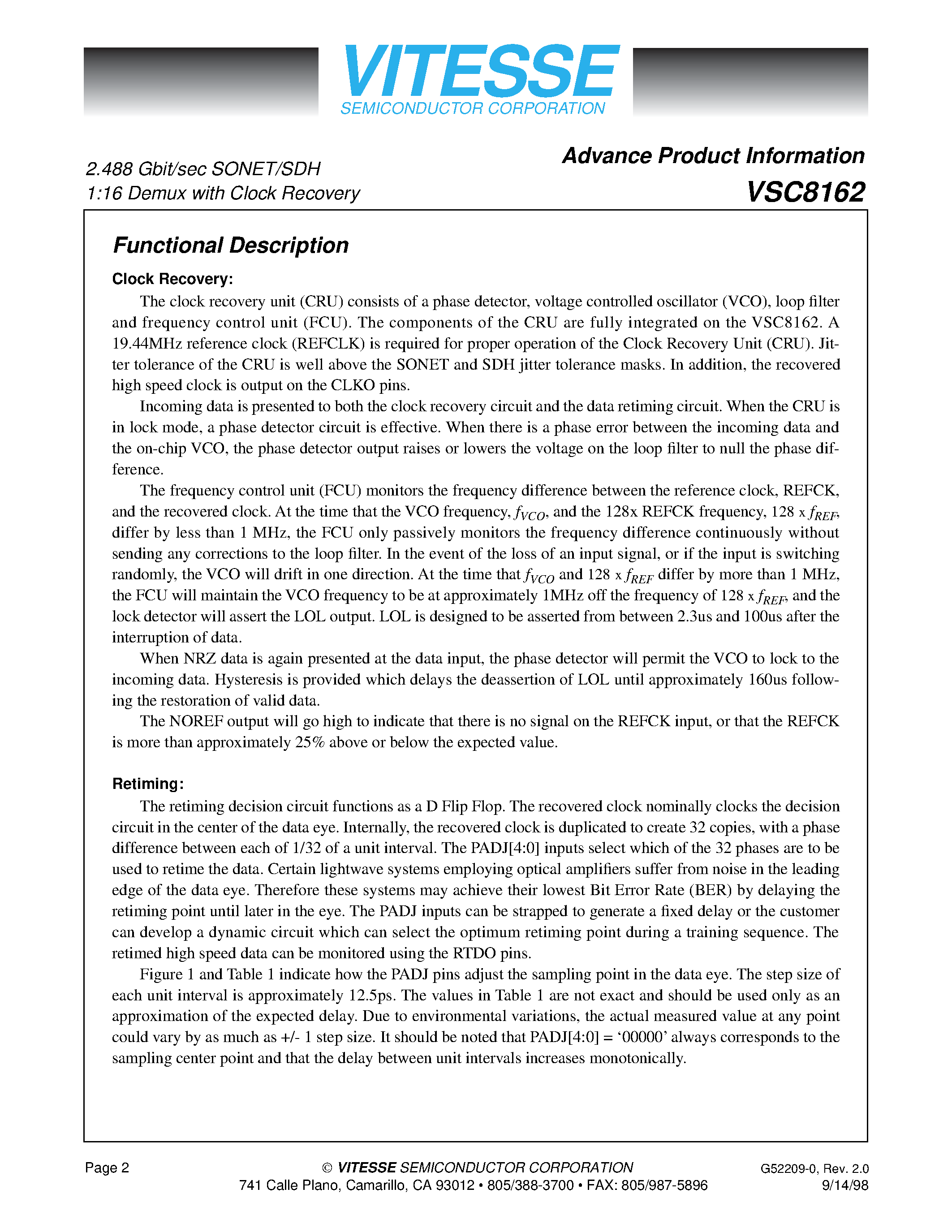 Datasheet VSC8162 - 2.488 Gbit/sec SONET/SDH 1:16 Demux with Clock Recovery page 2