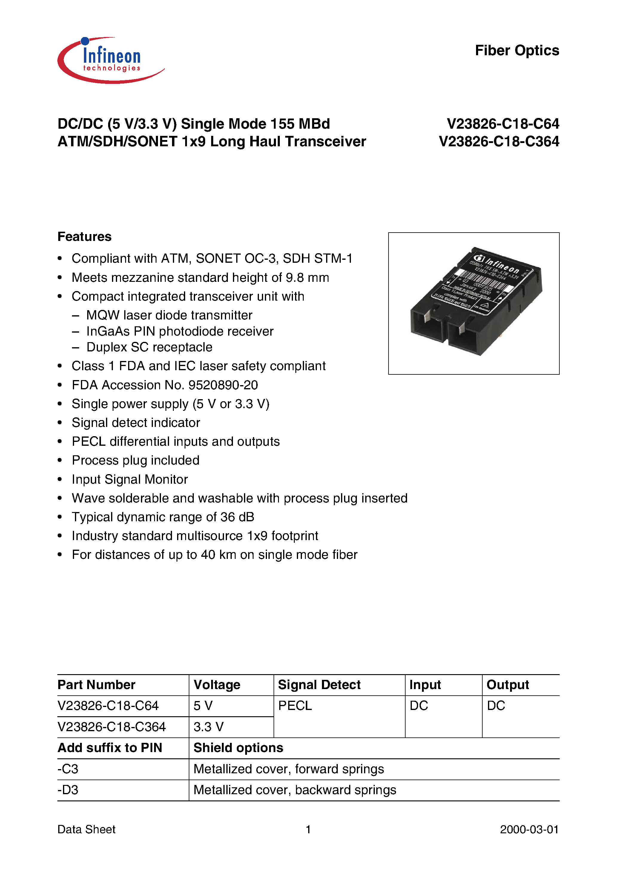 Даташит V23826-C18-C364 - DC/DC (5 V/3.3 V) Single Mode 155 MBd ATM/SDH/SONET 1x9 Long Haul Transceiver страница 1