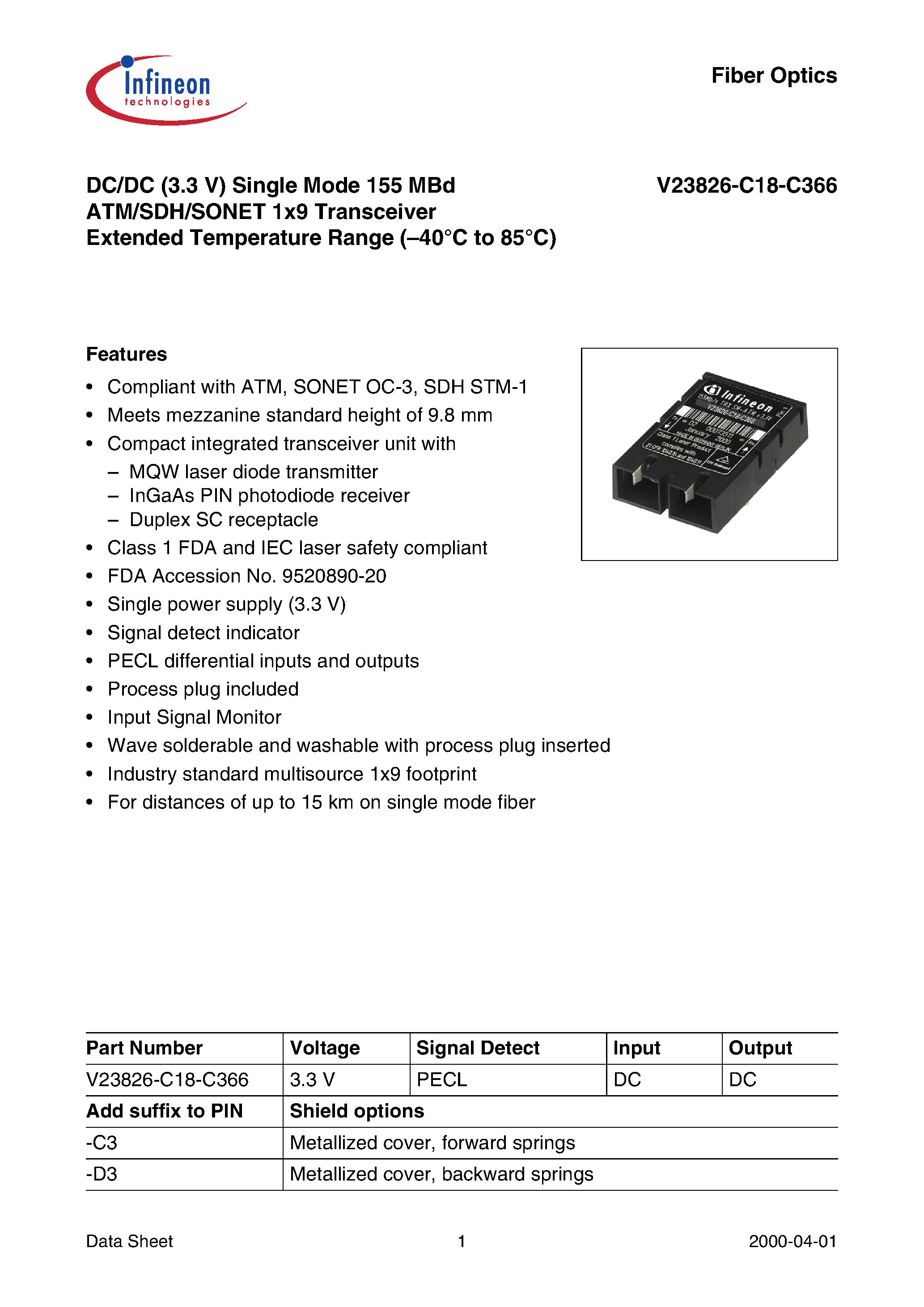 Datasheet V23826-C18-C366 - DC/DC (3.3 V) Single Mode 155 MBd ATM/SDH/SONET 1x9 Transceiver Extended Temperature Range page 1