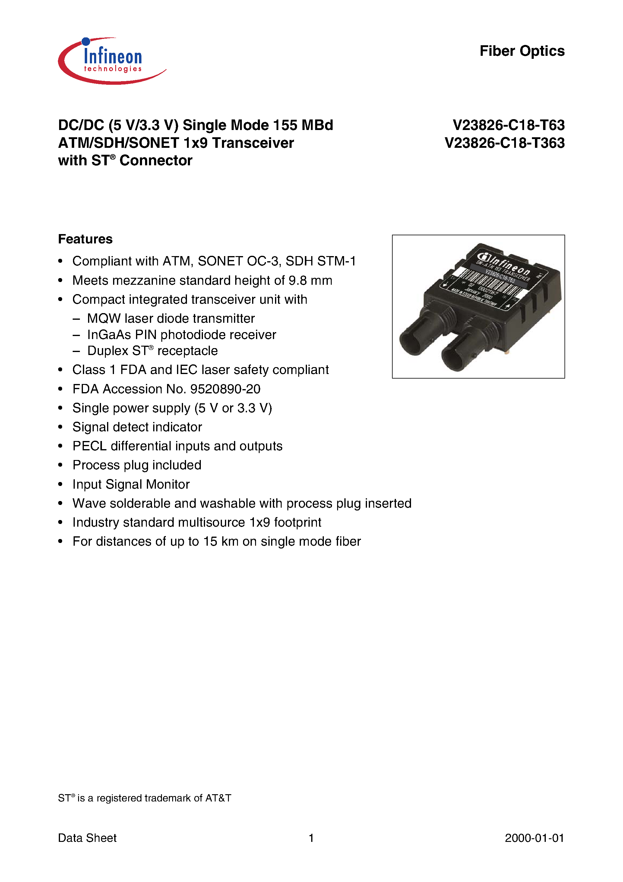 Даташит V23826-C18-T63 - DC/DC (5 V/3.3 V) Single Mode 155 MBd ATM/SDH/SONET 1x9 Transceiver with ST Connector страница 1
