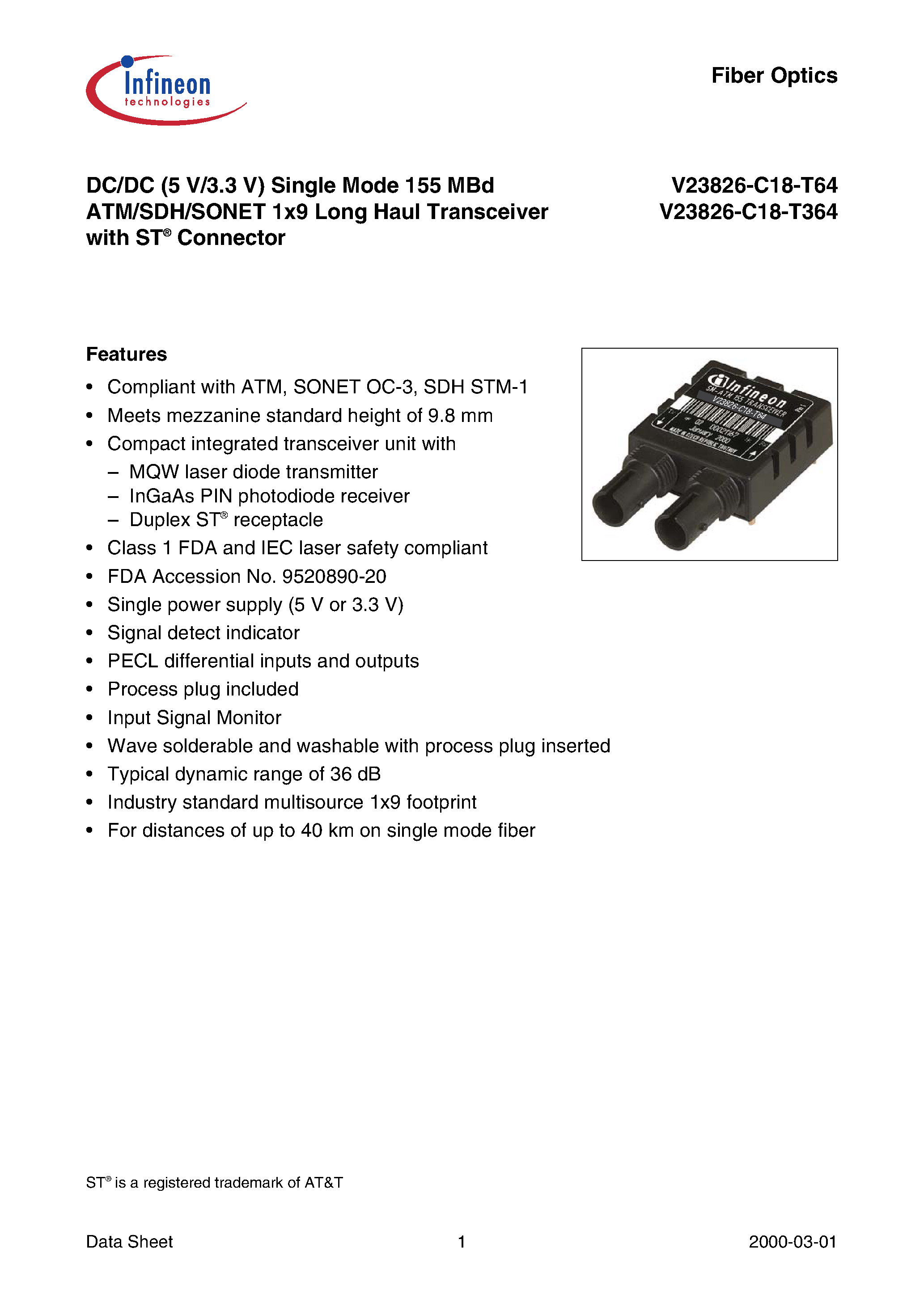 Даташит V23826-C18-T64 - DC/DC (5 V/3.3 V) Single Mode 155 MBd ATM/SDH/SONET 1x9 Long Haul Transceiver with ST Connector страница 1