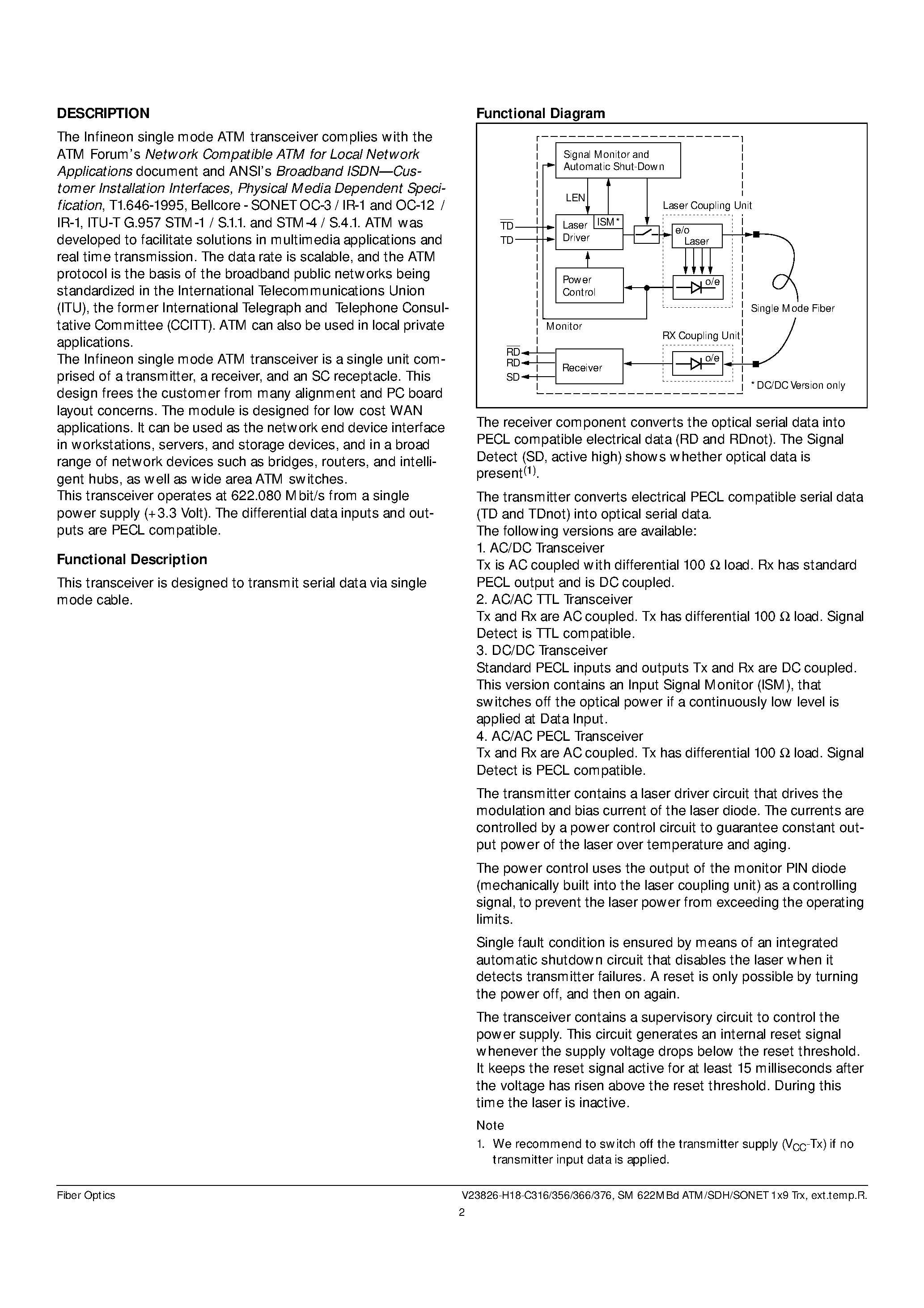 Datasheet V23826-H18-C page 2 Datasheet V23826-H18-C - Single Mode 622 MBd ATM/SDH/SONET 1x9 Transceiver Extended Temperature Range (40C to 85C) page 2